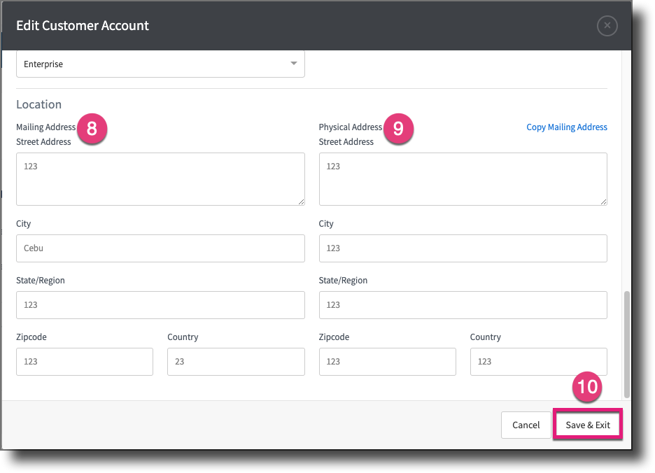 Shows the mailing and physical address fields in the company profile