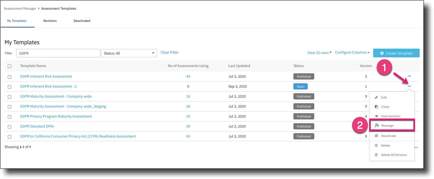 Reassigning a Template in Open state – TrustArc
