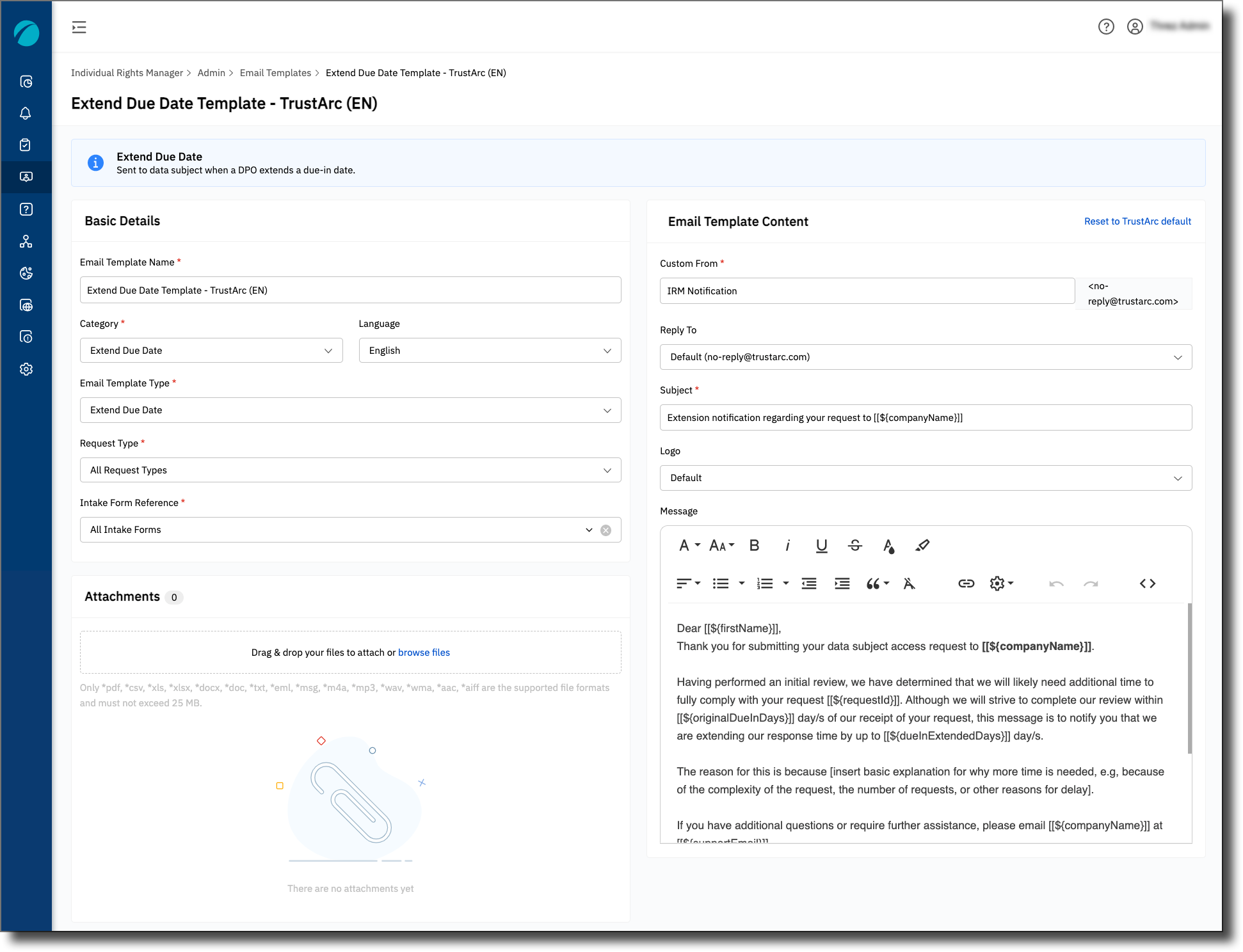 IRM Email Template Categories TrustArc