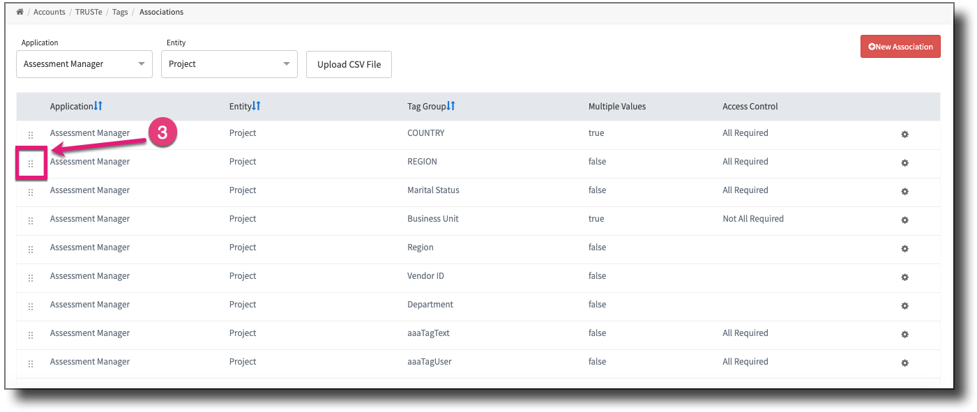 Associations list showing a tag being dragged to a new position using the drag icon