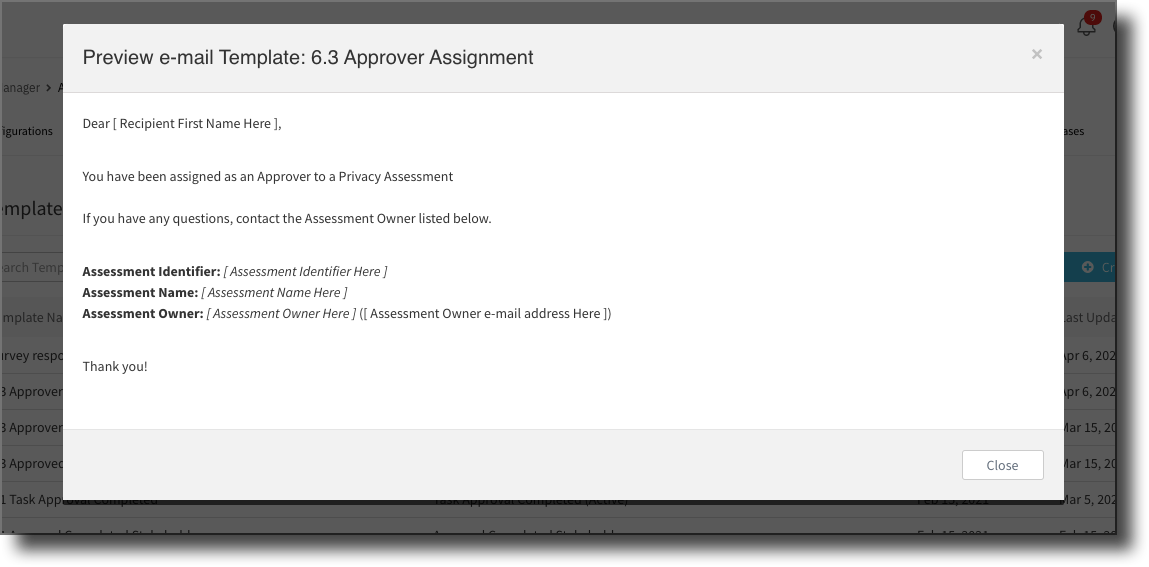 Previewing the Assessment Manager Email Template TrustArc