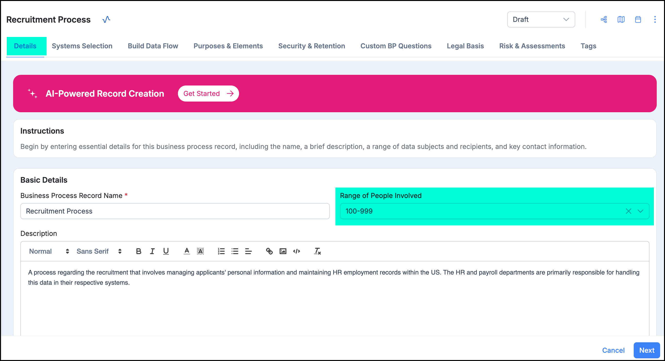 Business Process Record inherent risk calculation diagram showing how system selection and people range map to the inherent risk score