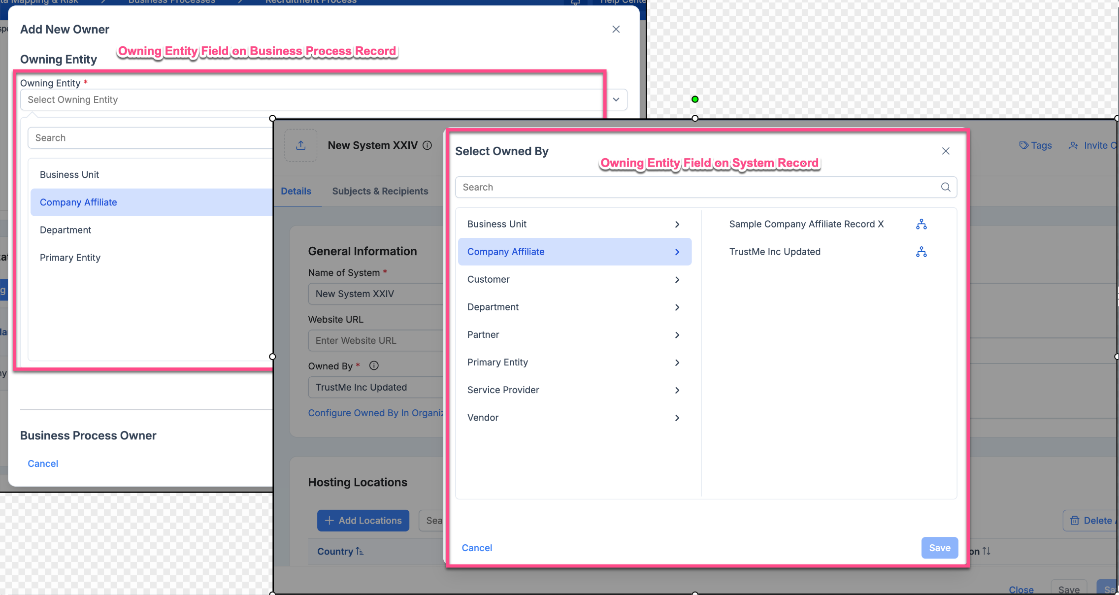 Company Entity record showing the Owned By field and the resulting inherent risk score calculated from associated records