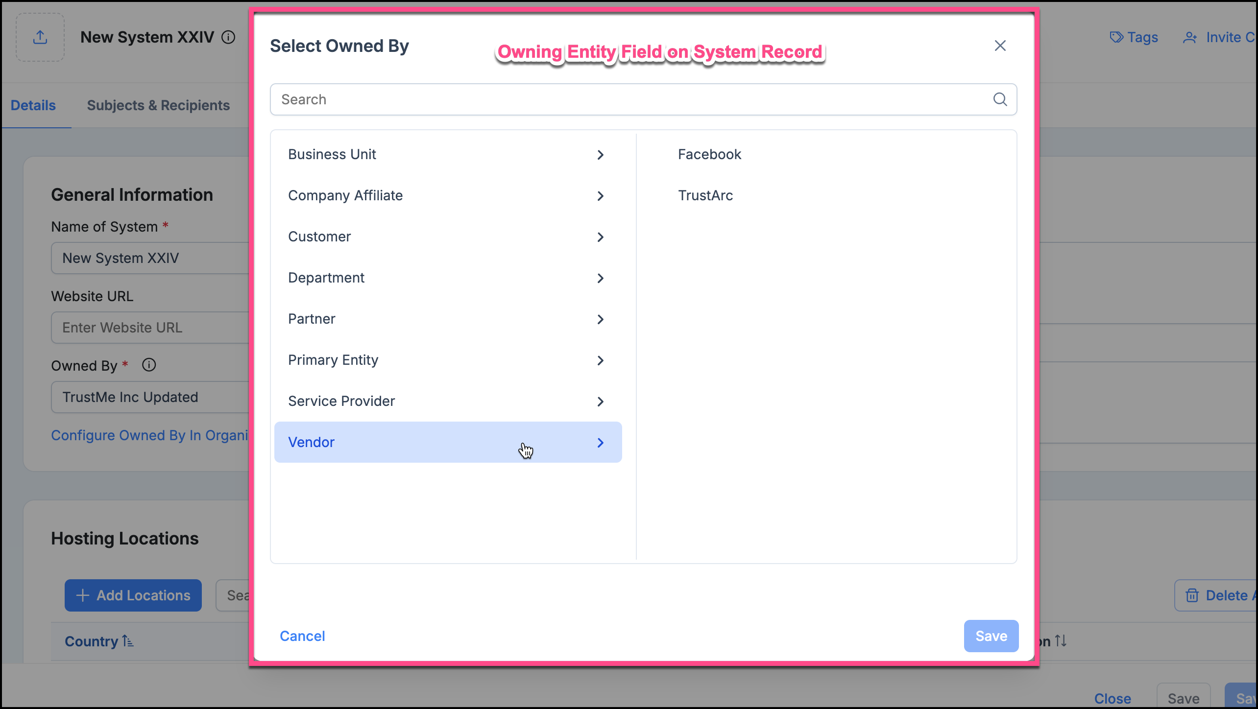 Third Party record showing the system records it owns and the resulting inherent risk score calculated from those records