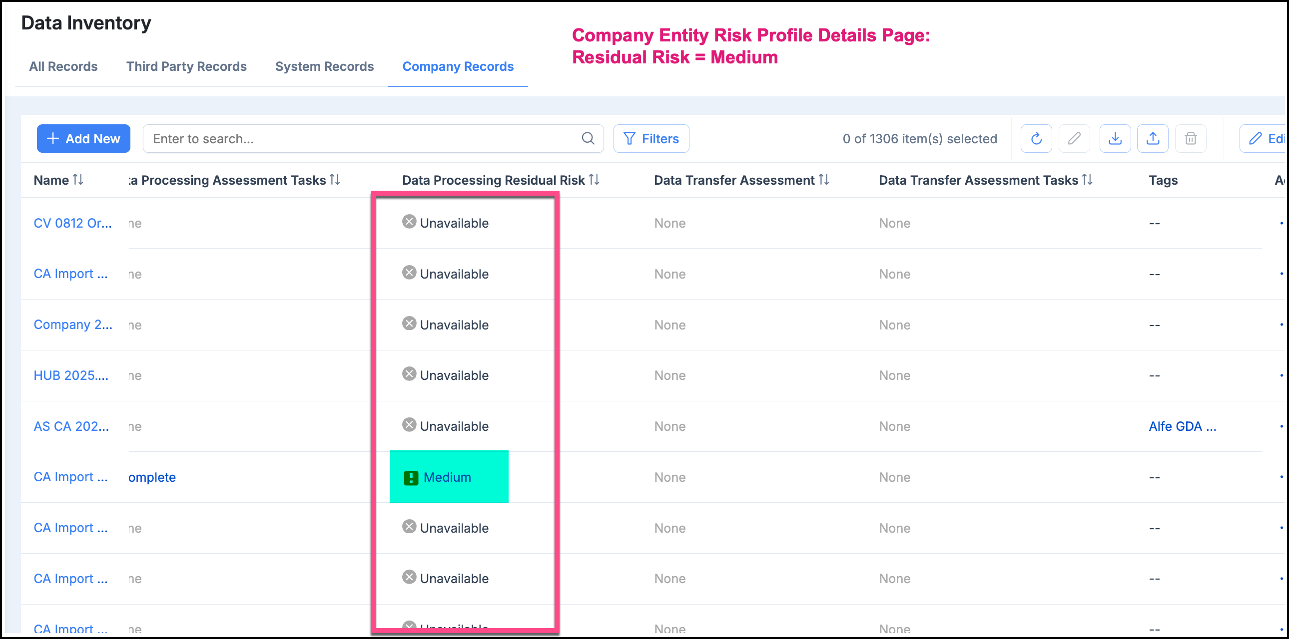 Screenshot showing a Company Entity record with a Medium residual risk score derived from the highest score across its associated Business Process and System records