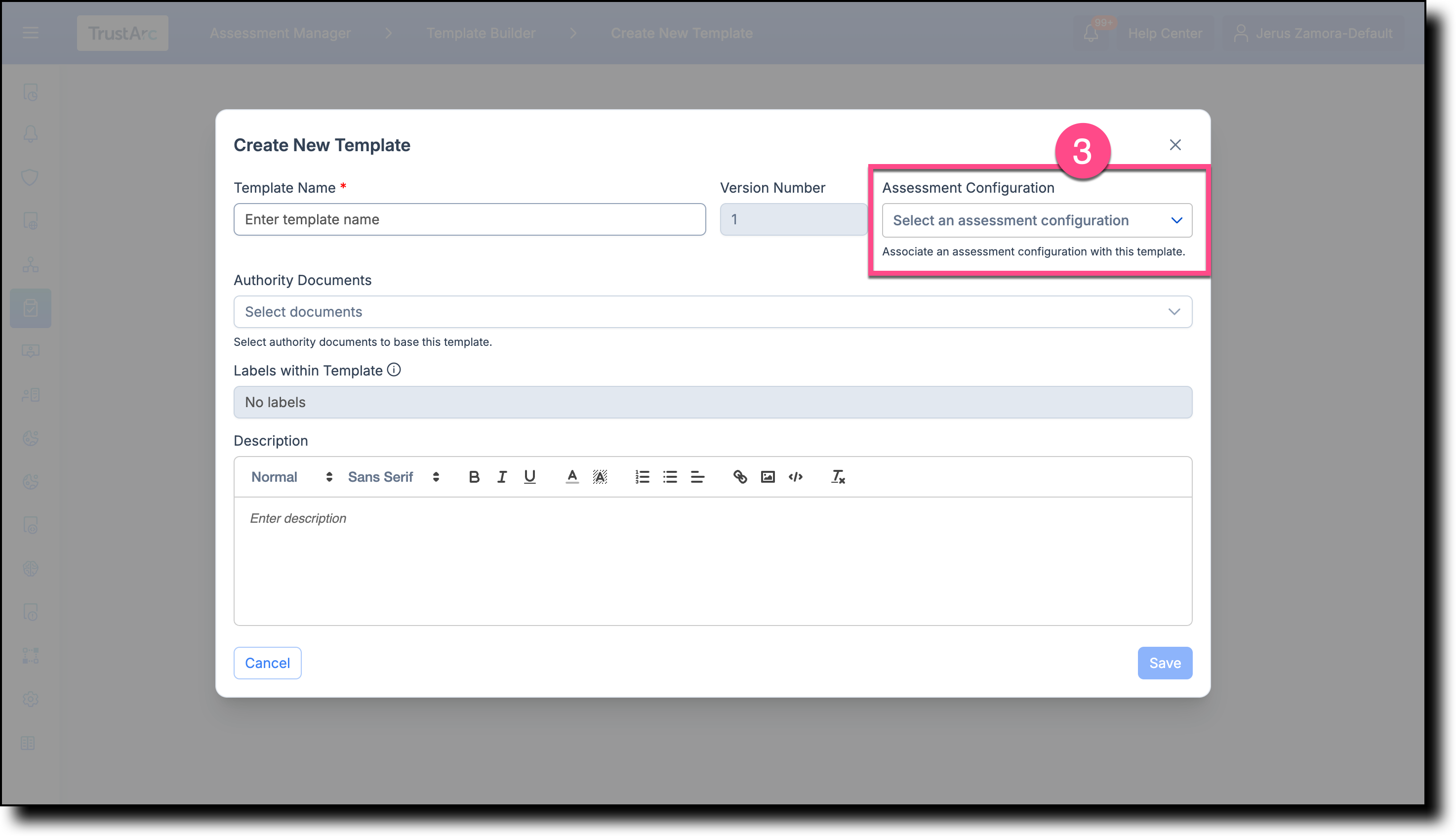 Create Template page showing the name, description, version number, and Assessment Configuration fields