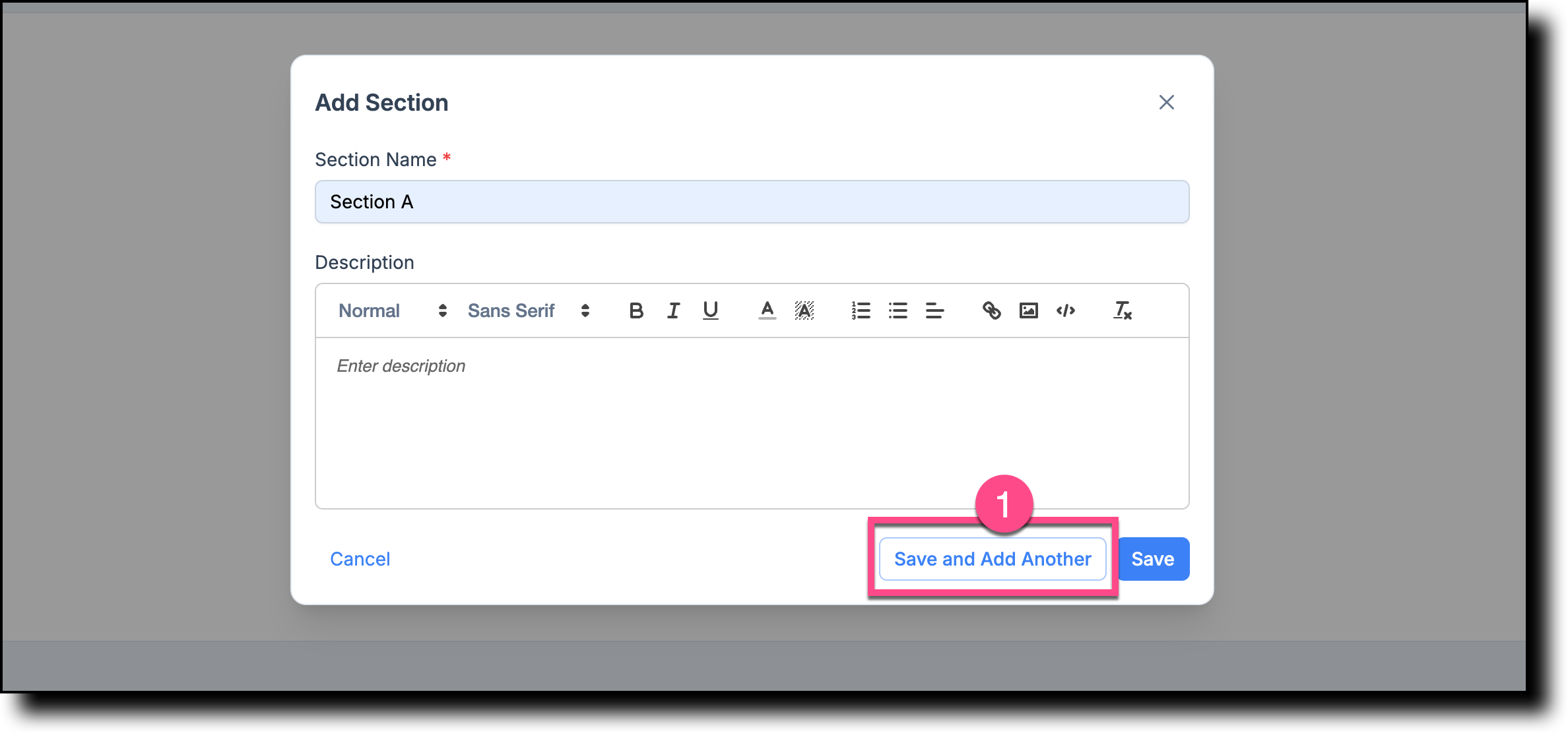 Add Section dialog showing the name and description fields