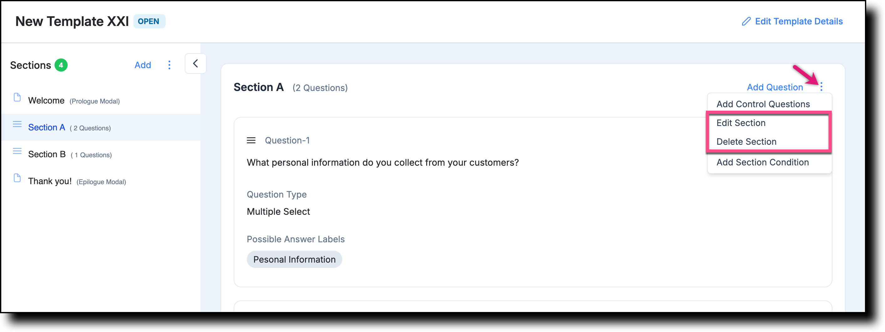 Section context menu showing Edit Section and Delete Section options