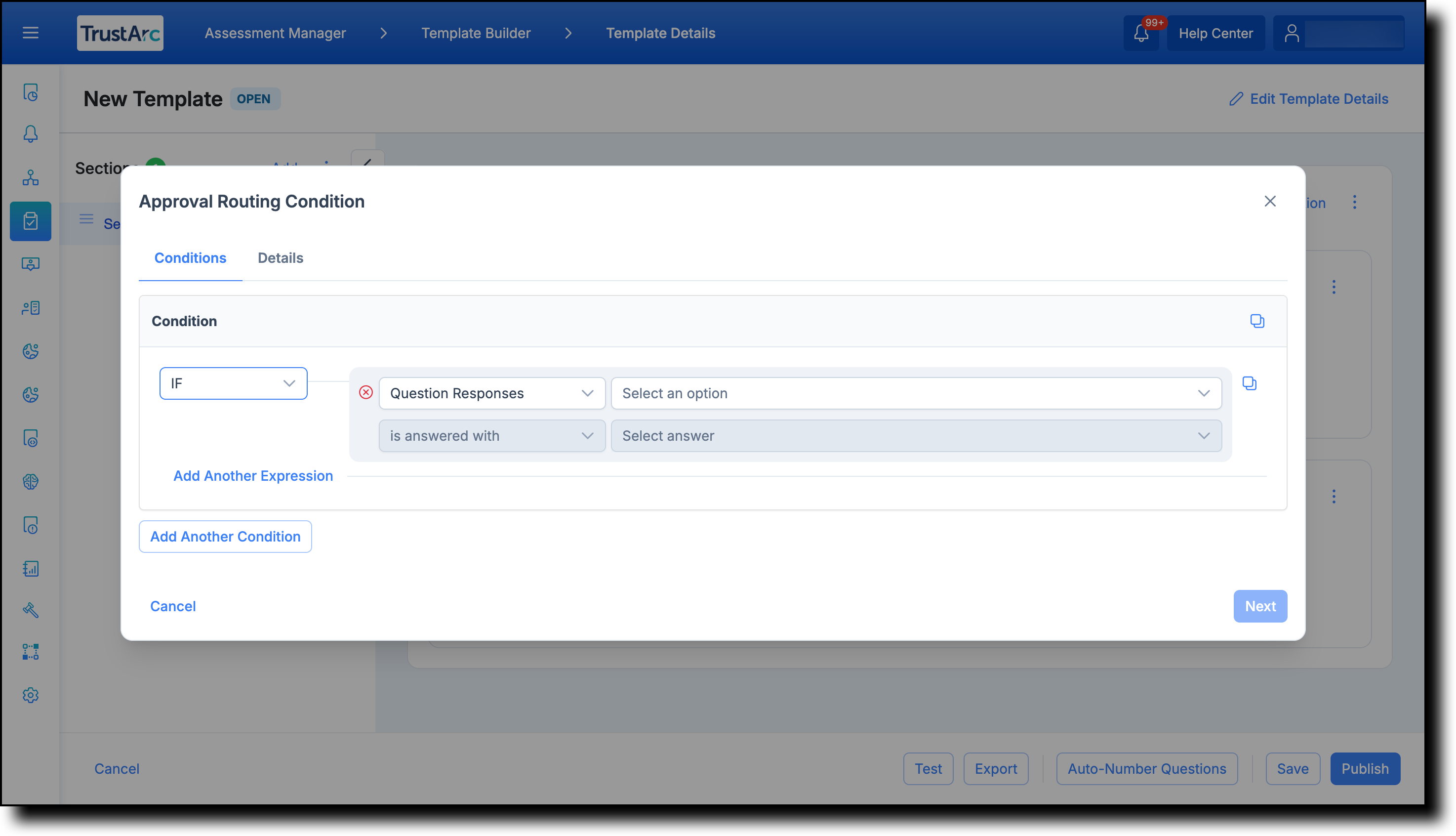Approval Routing Condition modal showing the condition fields and Details tab
