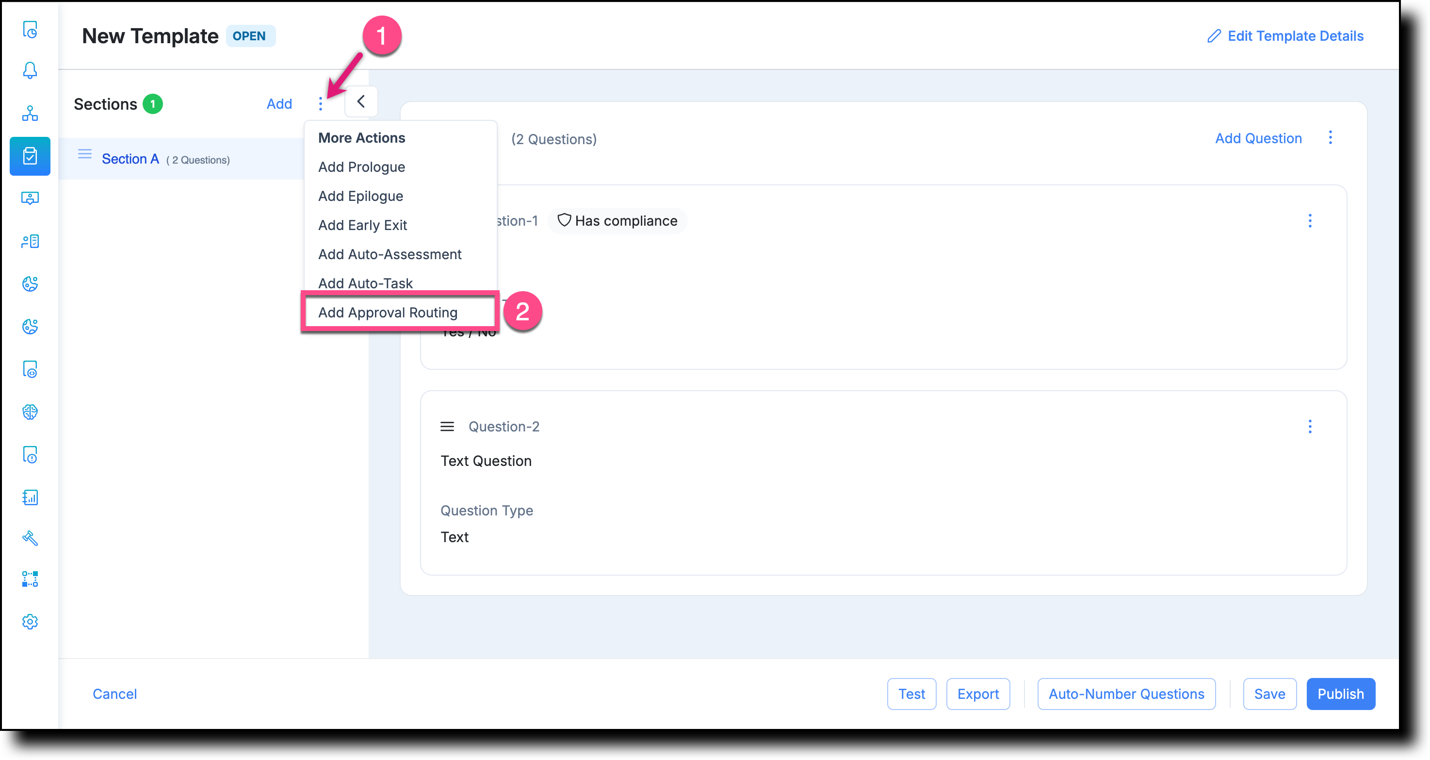 Template question showing the context menu button with the Add Approval Routing option