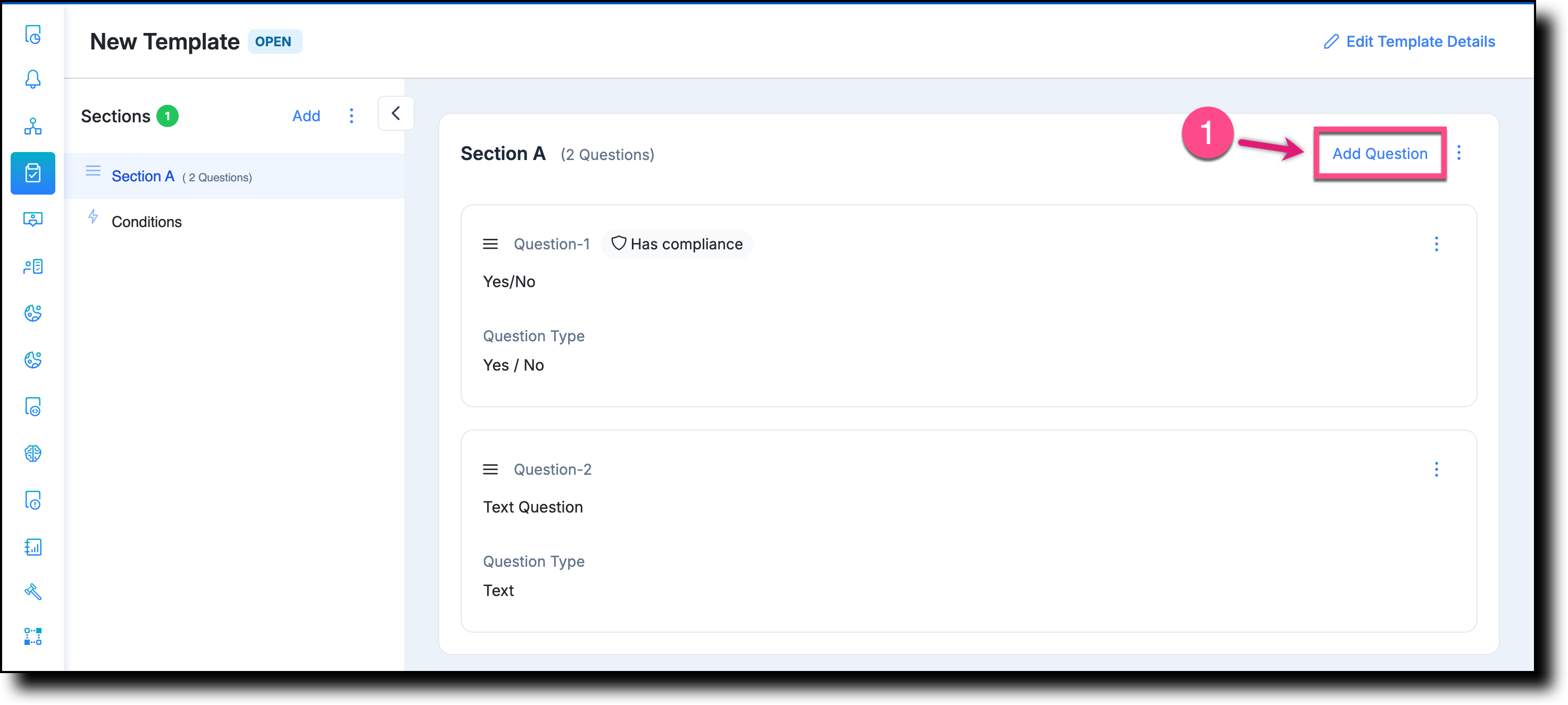 Template section showing the Add Question button