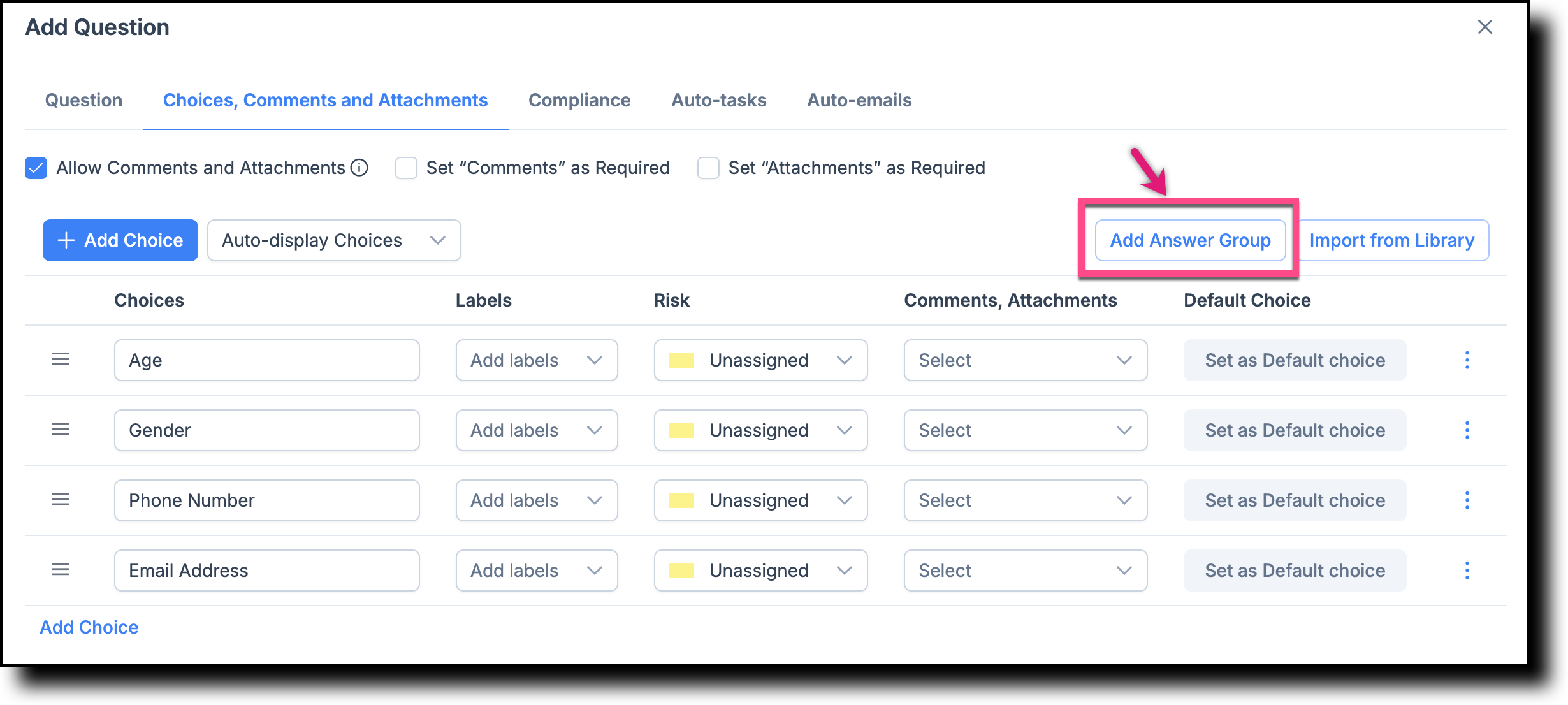 Add Answer Group button in the choices area