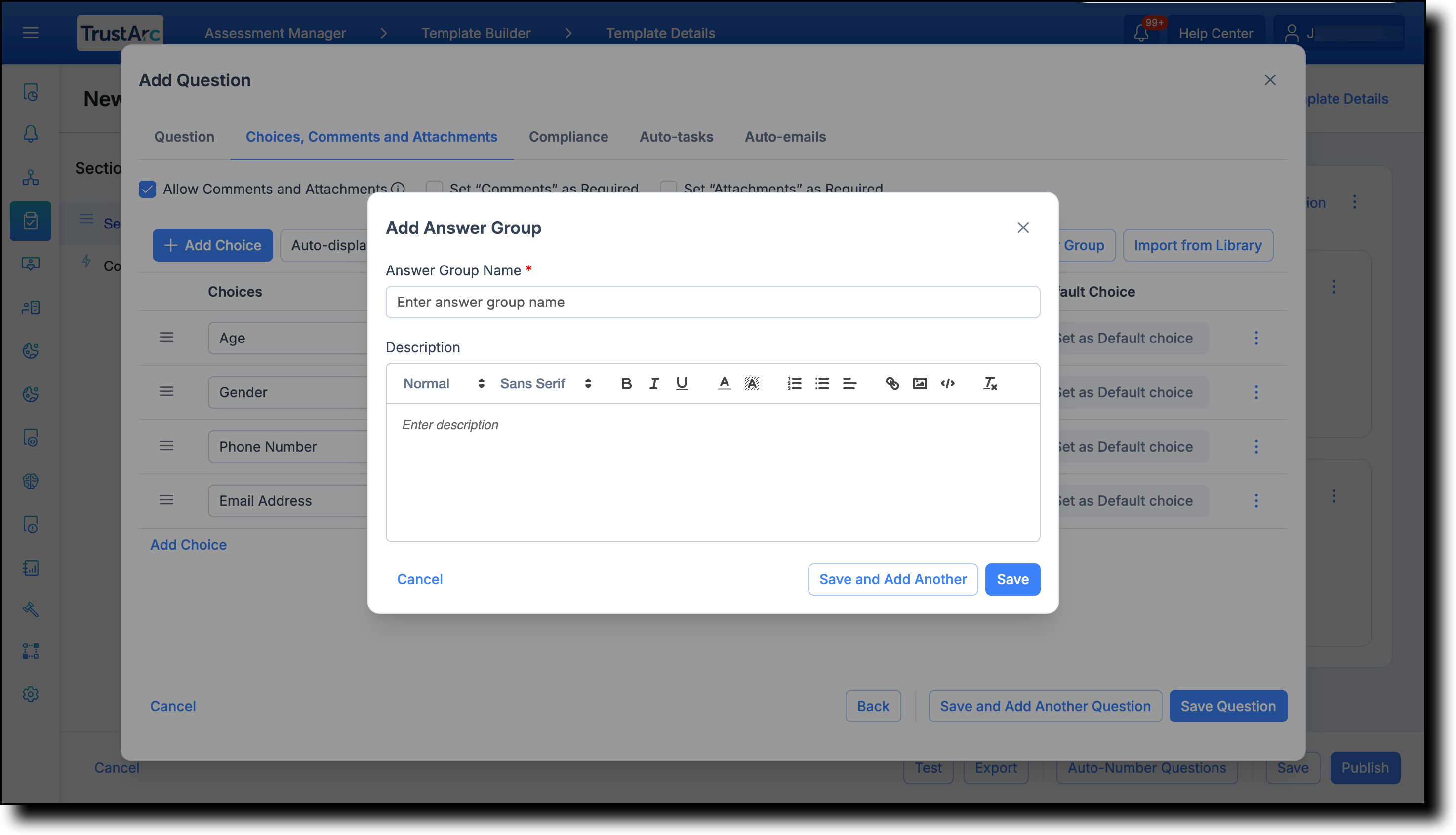 New answer group created with an empty choice and drag-and-drop support