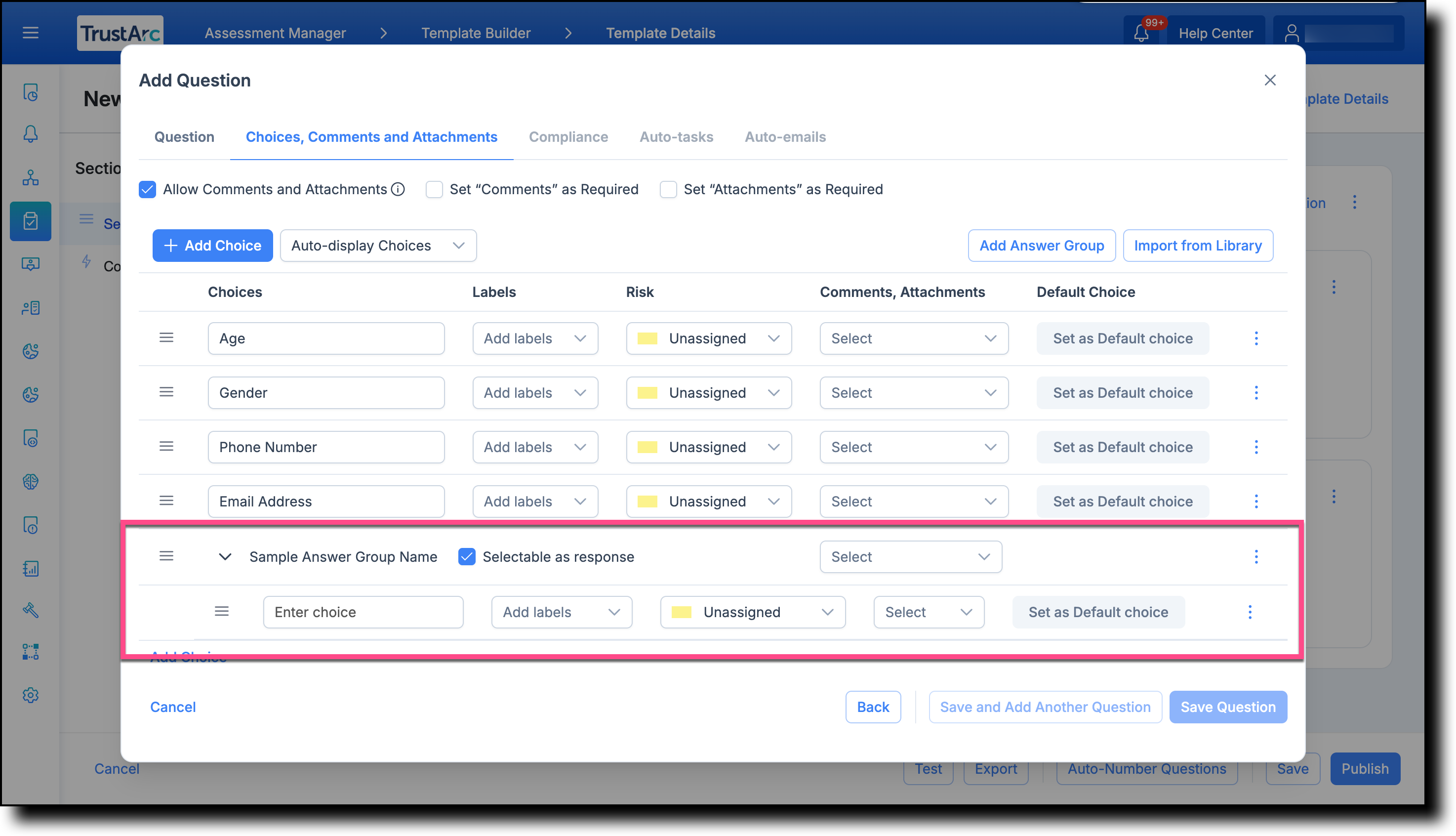 Answer group showing the Selectable as response checkbox enabled by default