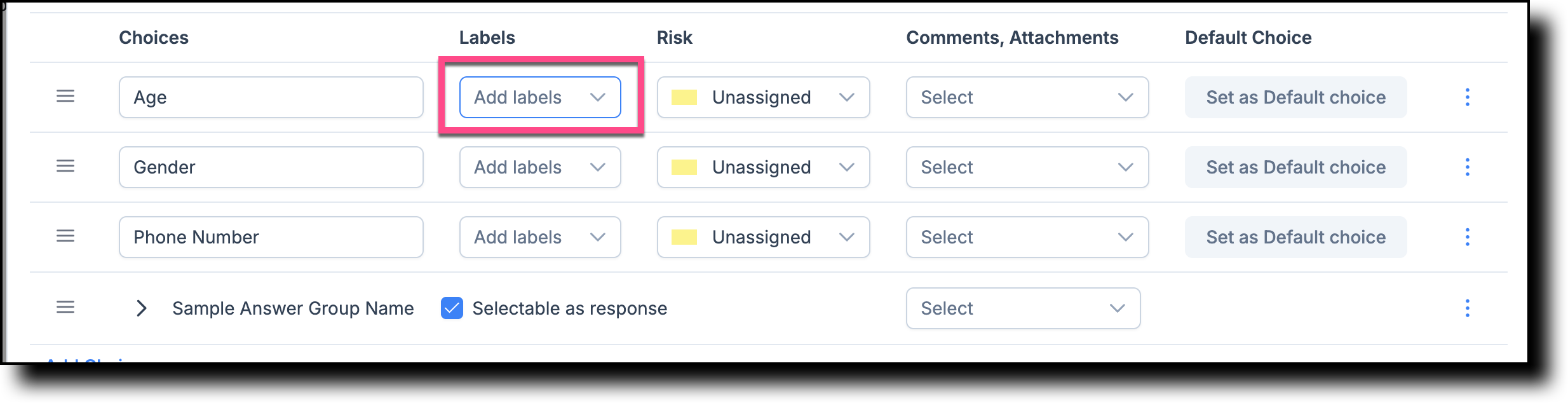 Answer choice showing the Labels field and dropdown selector