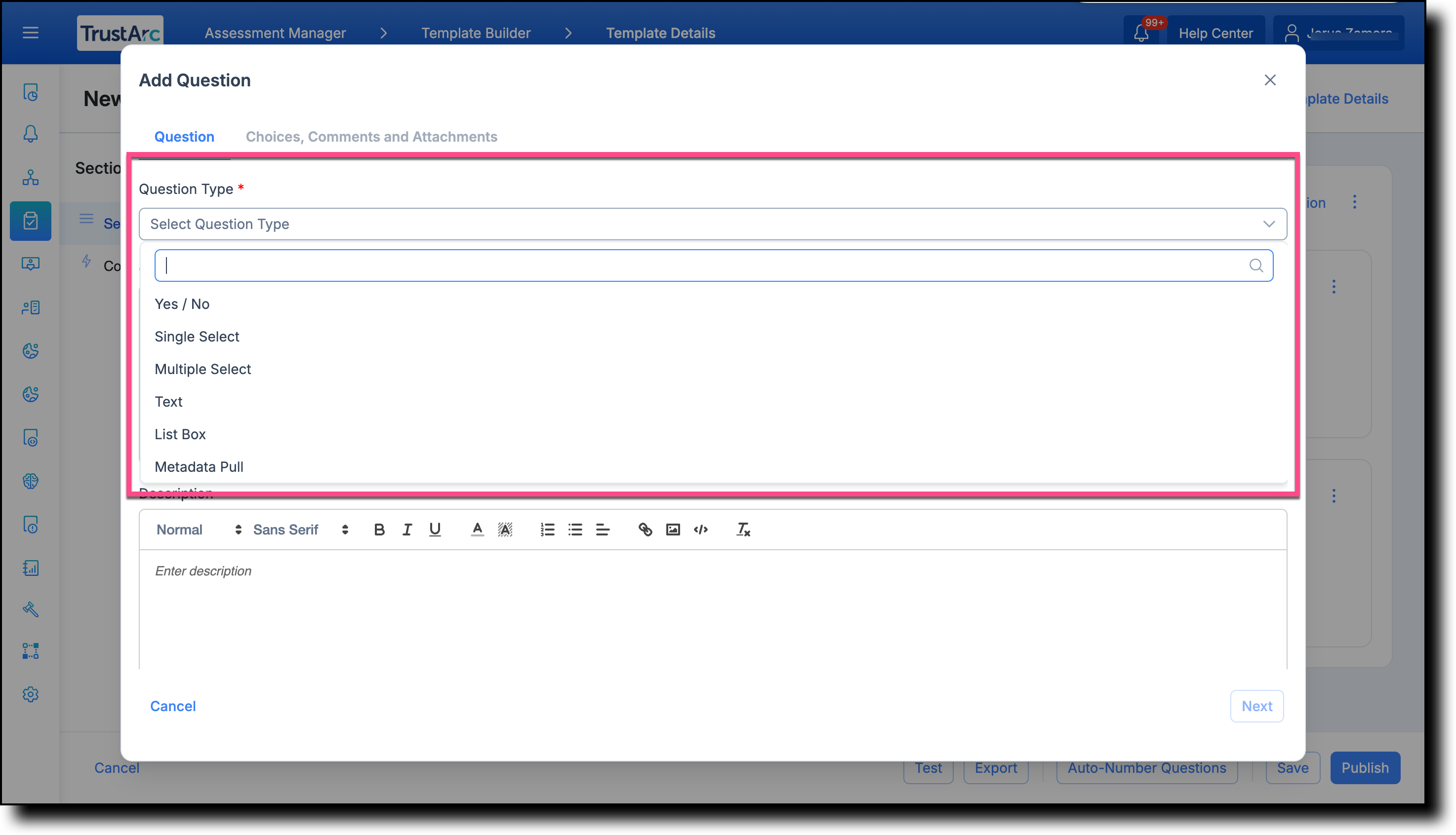 Add Question screen showing the Select Question Type field