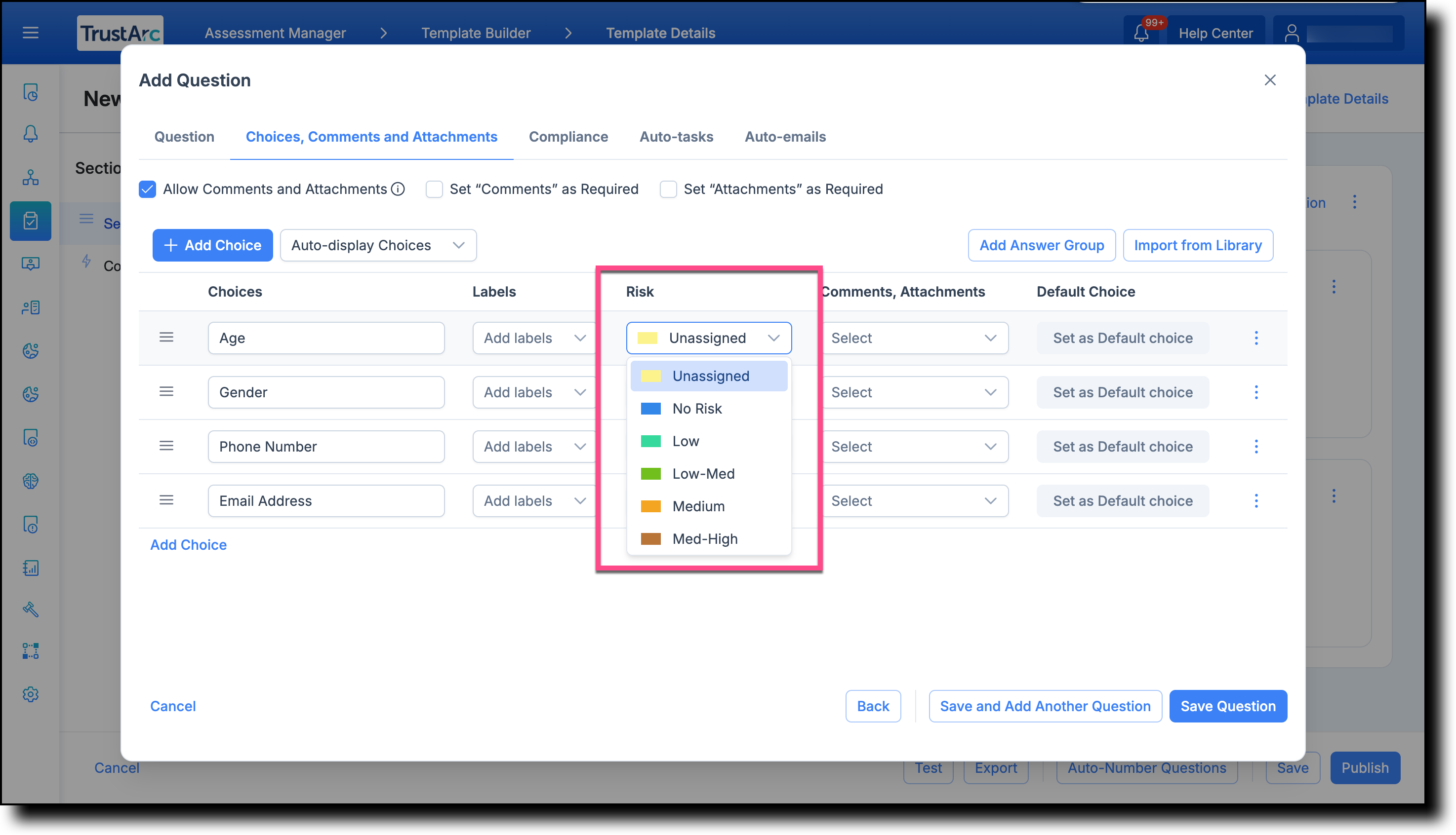 Answer choices showing the Risk level dropdown next to each choice