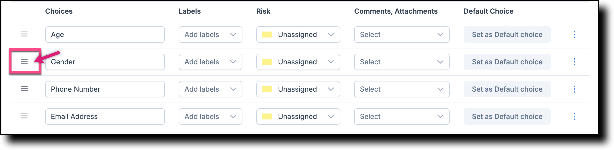 Answer choices showing drag handles for reordering and the list/dropdown display toggle