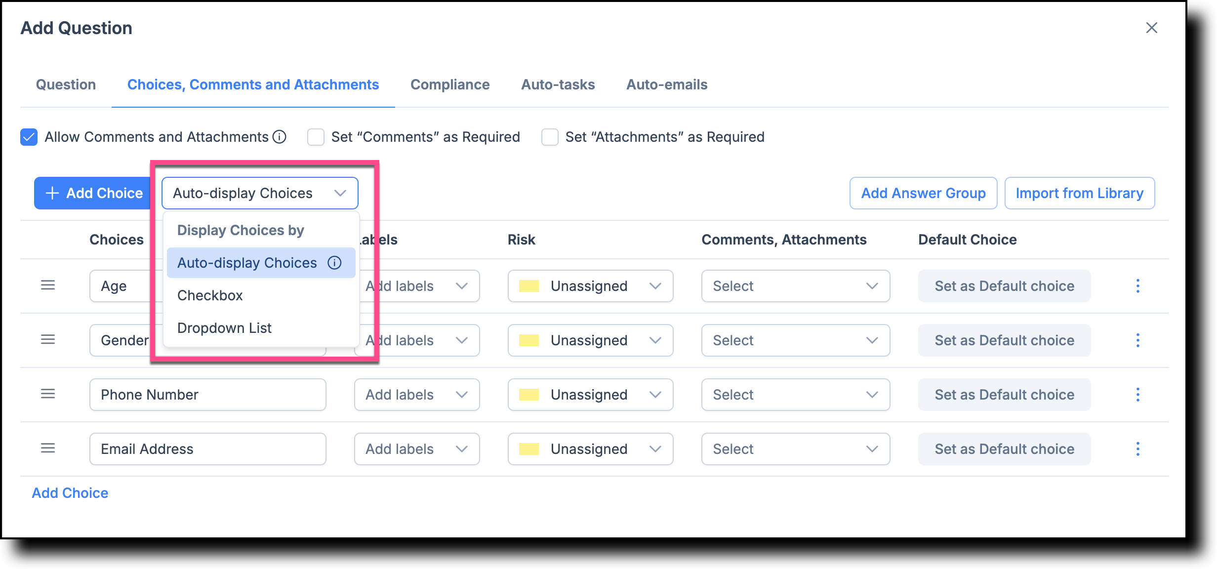 Answer choices showing the default response checkboxes