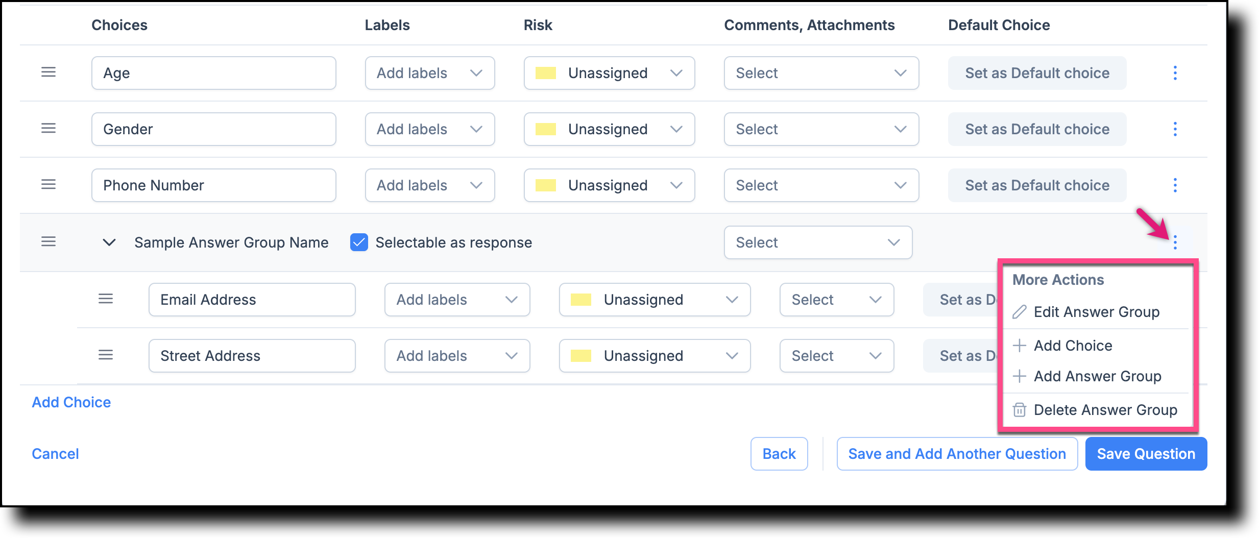 Answer group context menu showing Edit and Delete options
