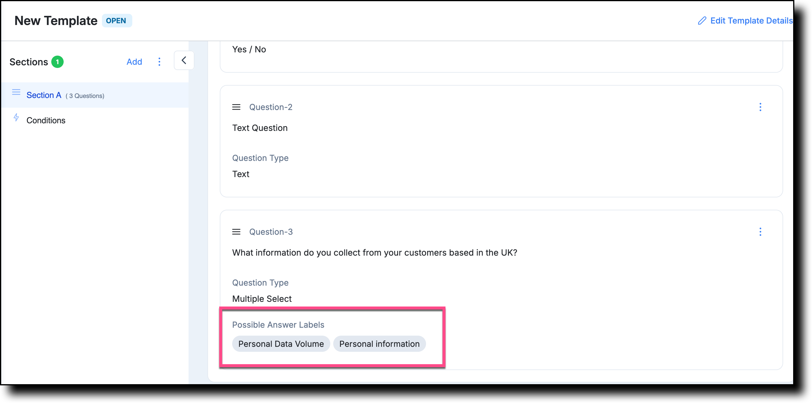 Question showing assigned label options displayed below it after saving