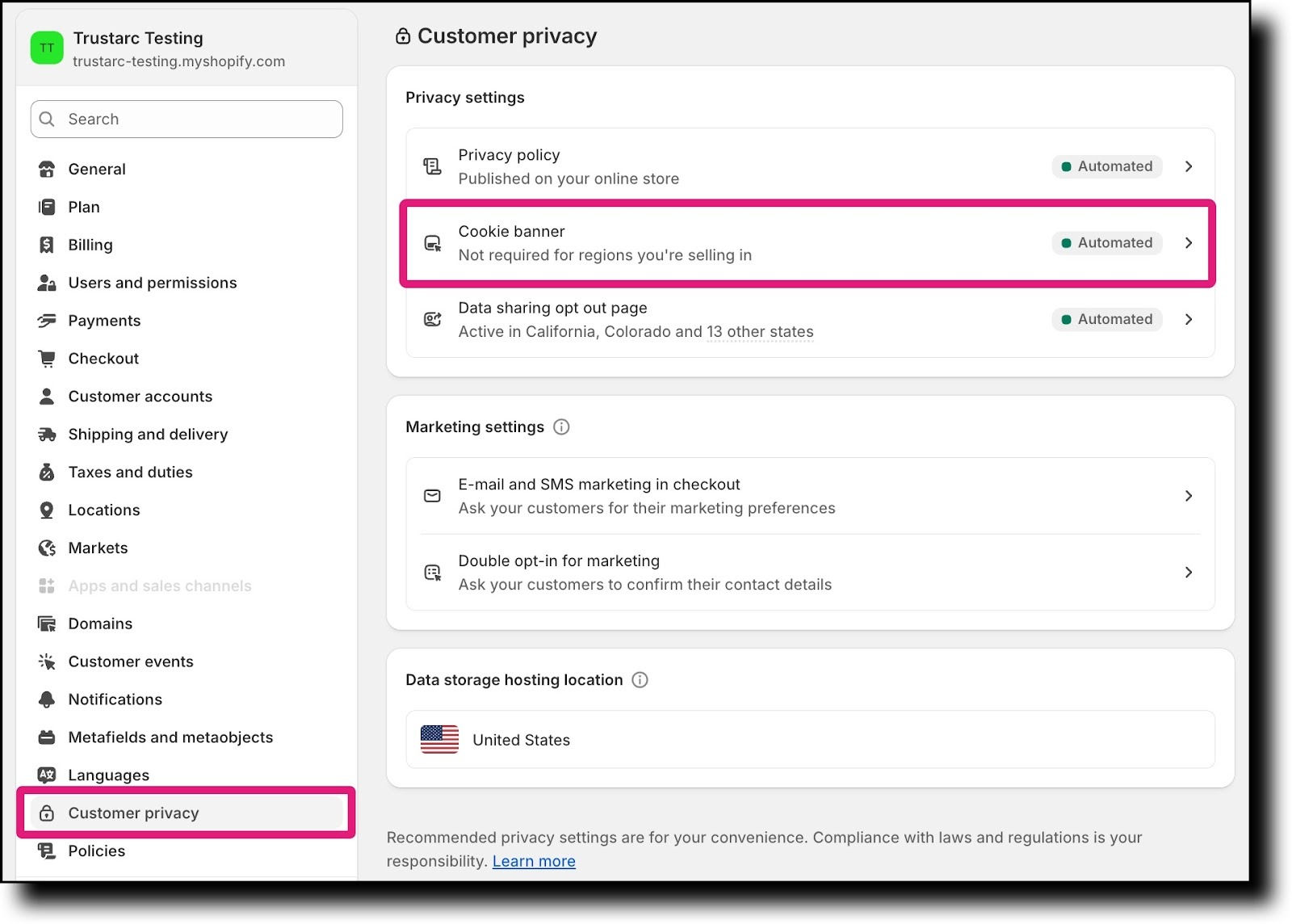 Cookie banner settings page
