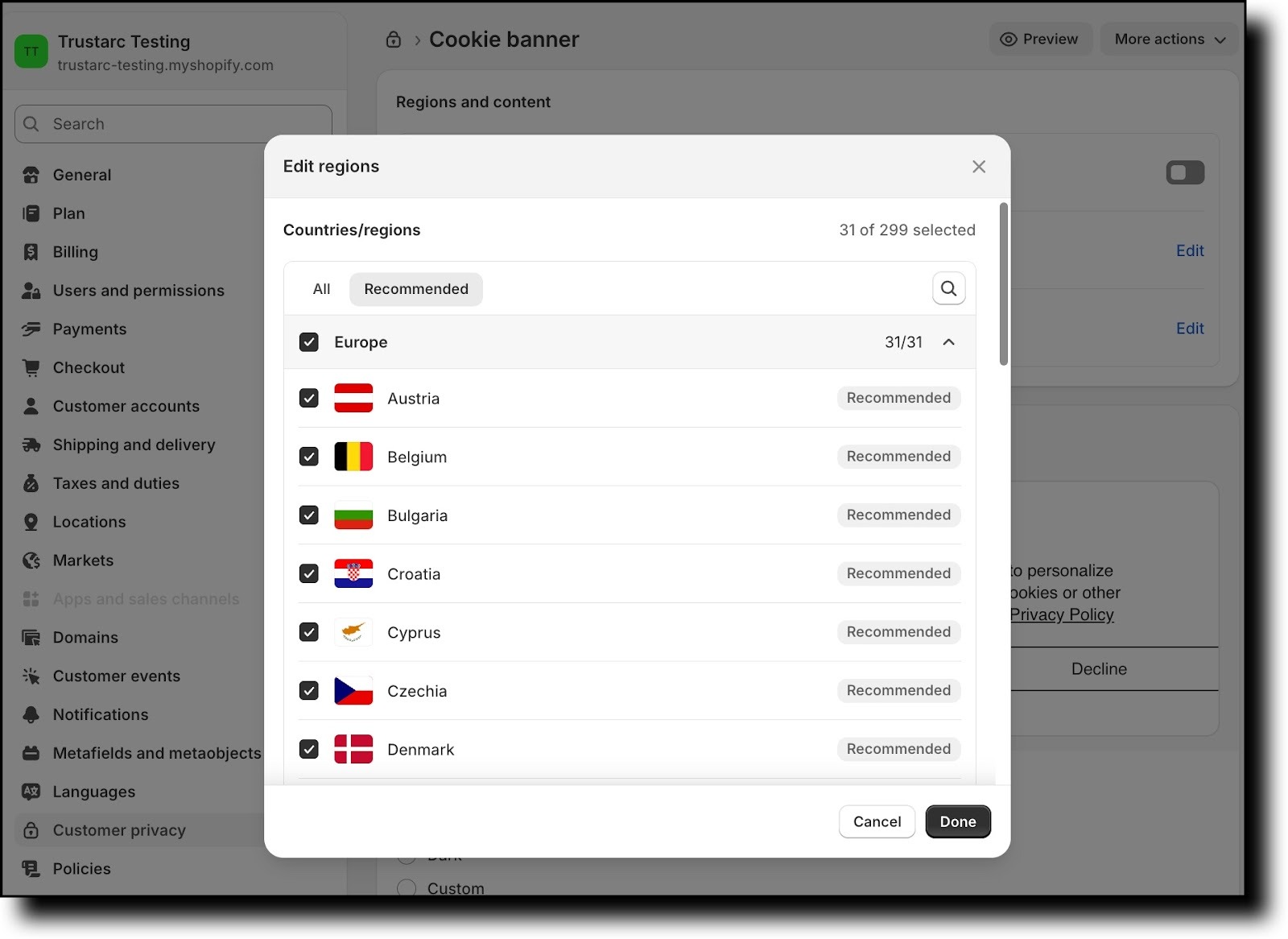 Edit regions window with region selection