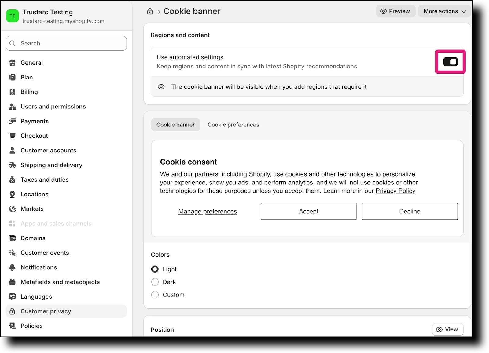 Disable Use automated settings toggle