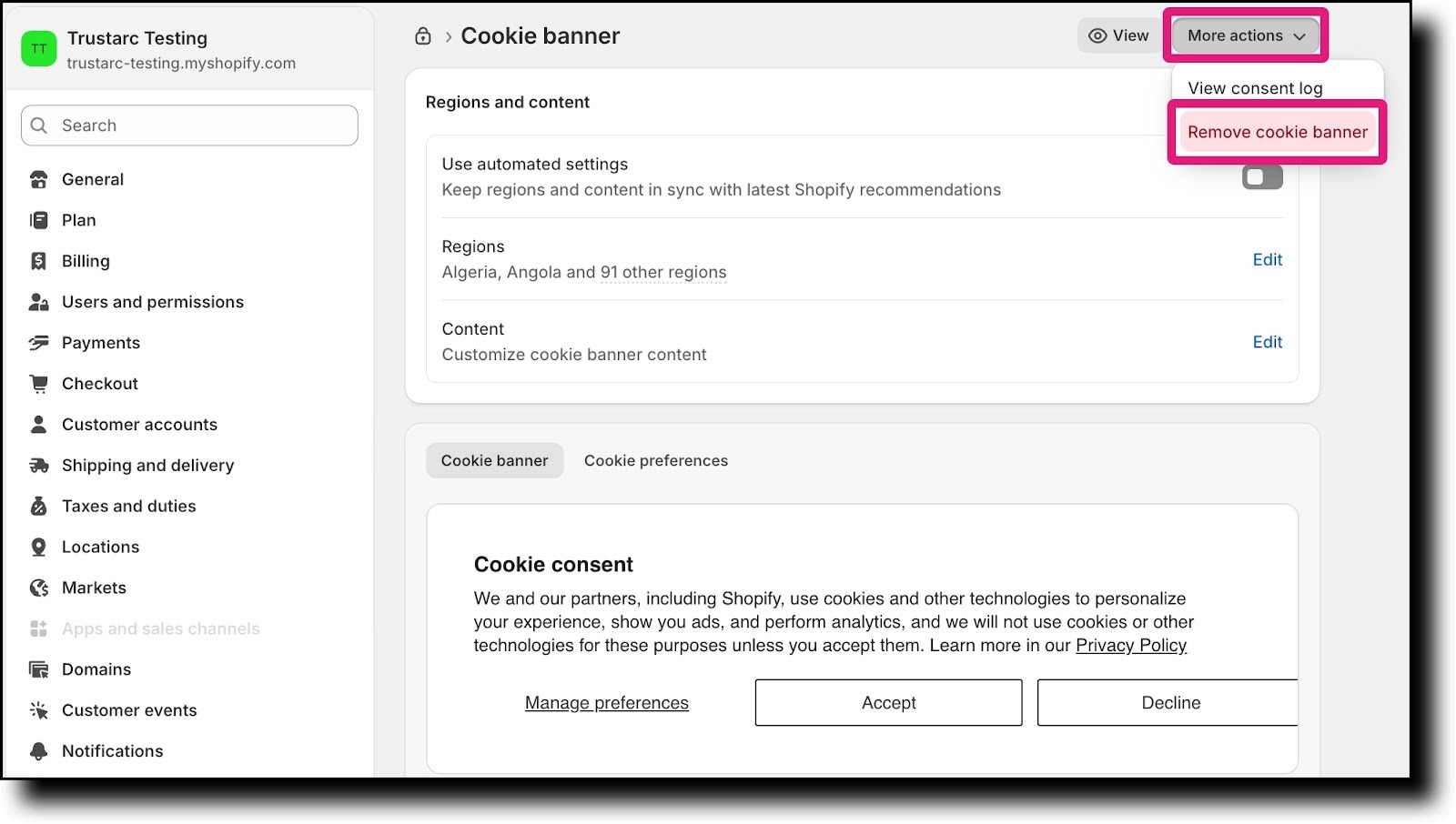 More actions Remove cookie banner option