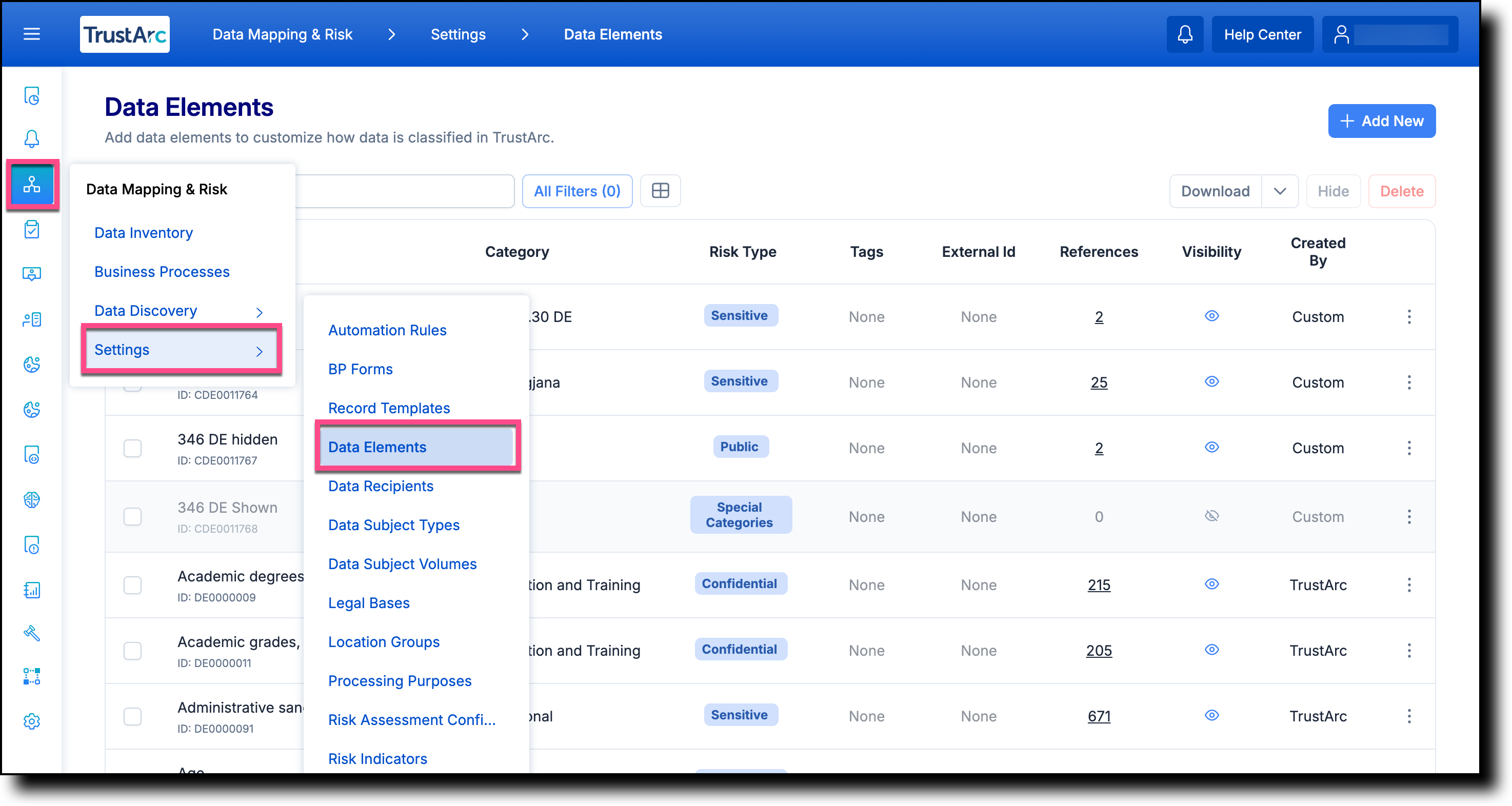 Data Mapping and Risk Manager left navigation panel with Settings menu expanded and Data Elements selected