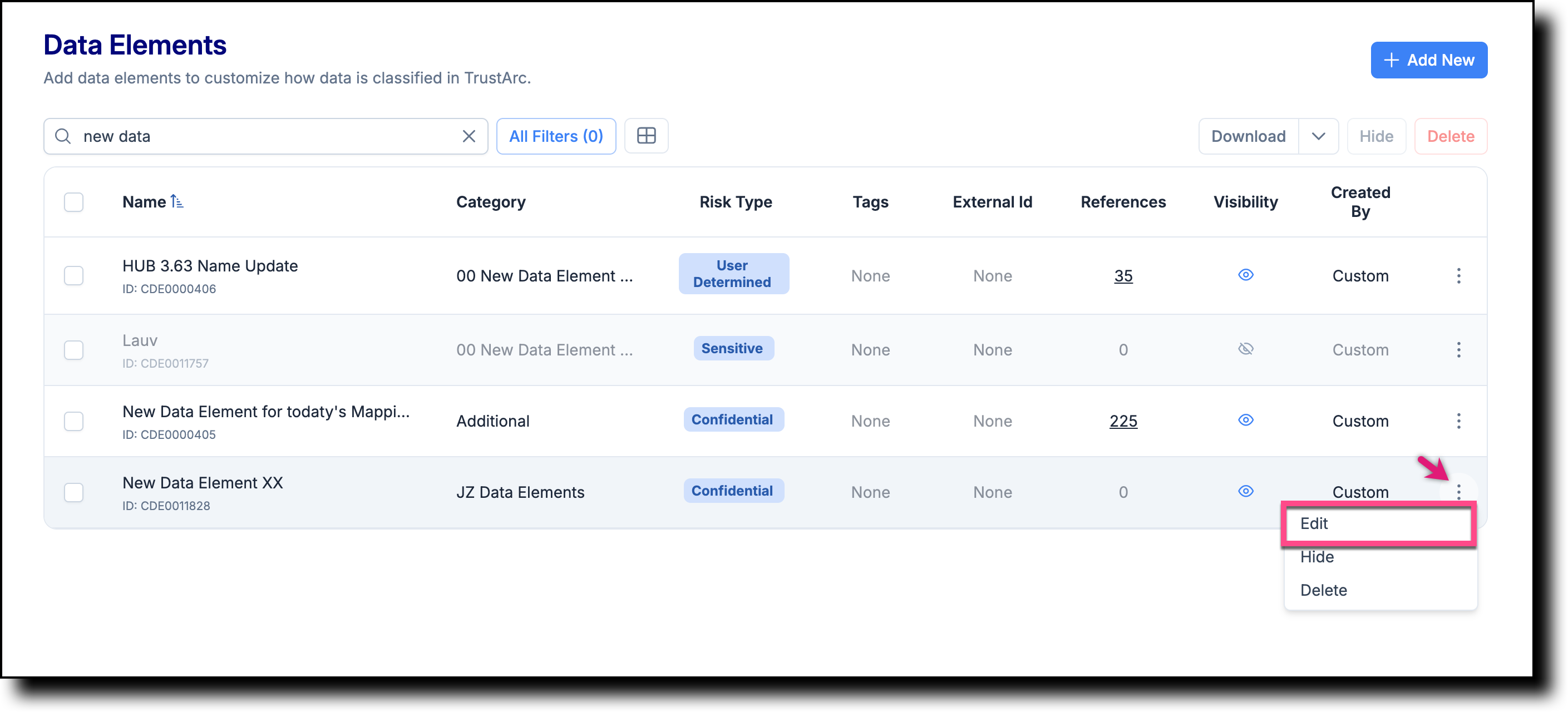 Data Elements list with the context menu open and Edit option highlighted