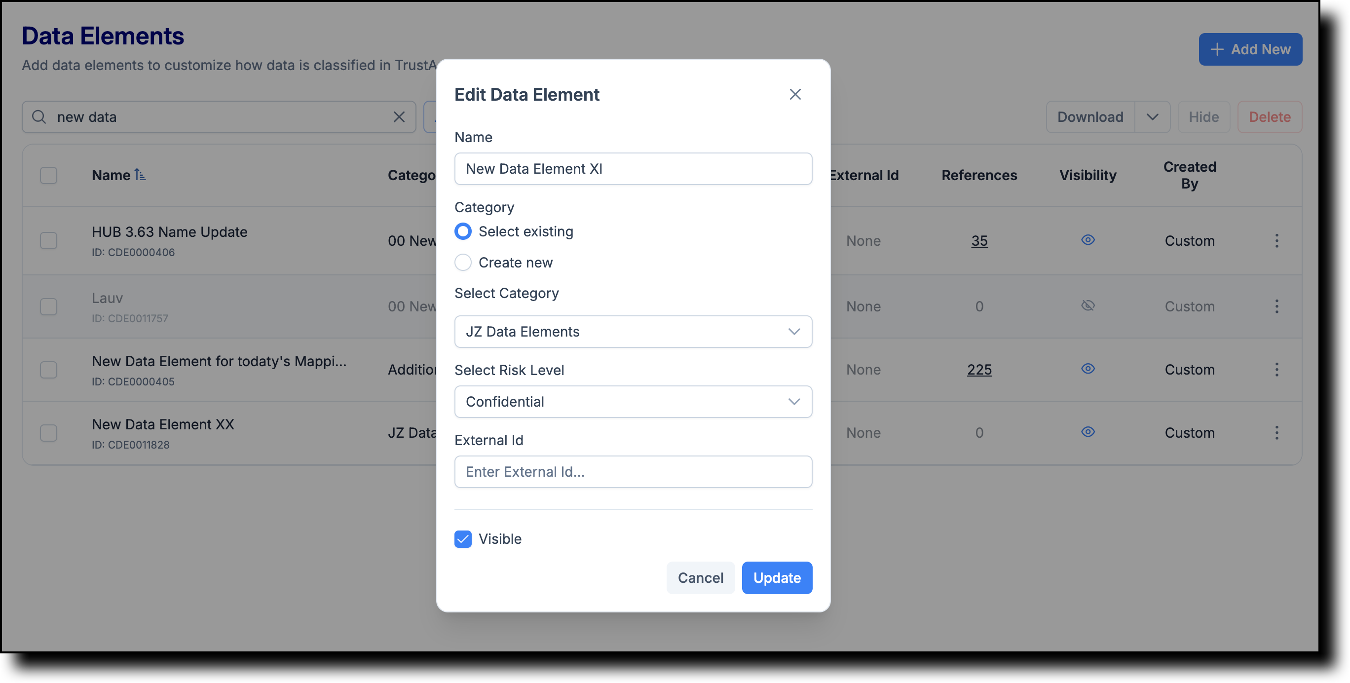 Edit data element form showing Name, Category, and Risk Level fields
