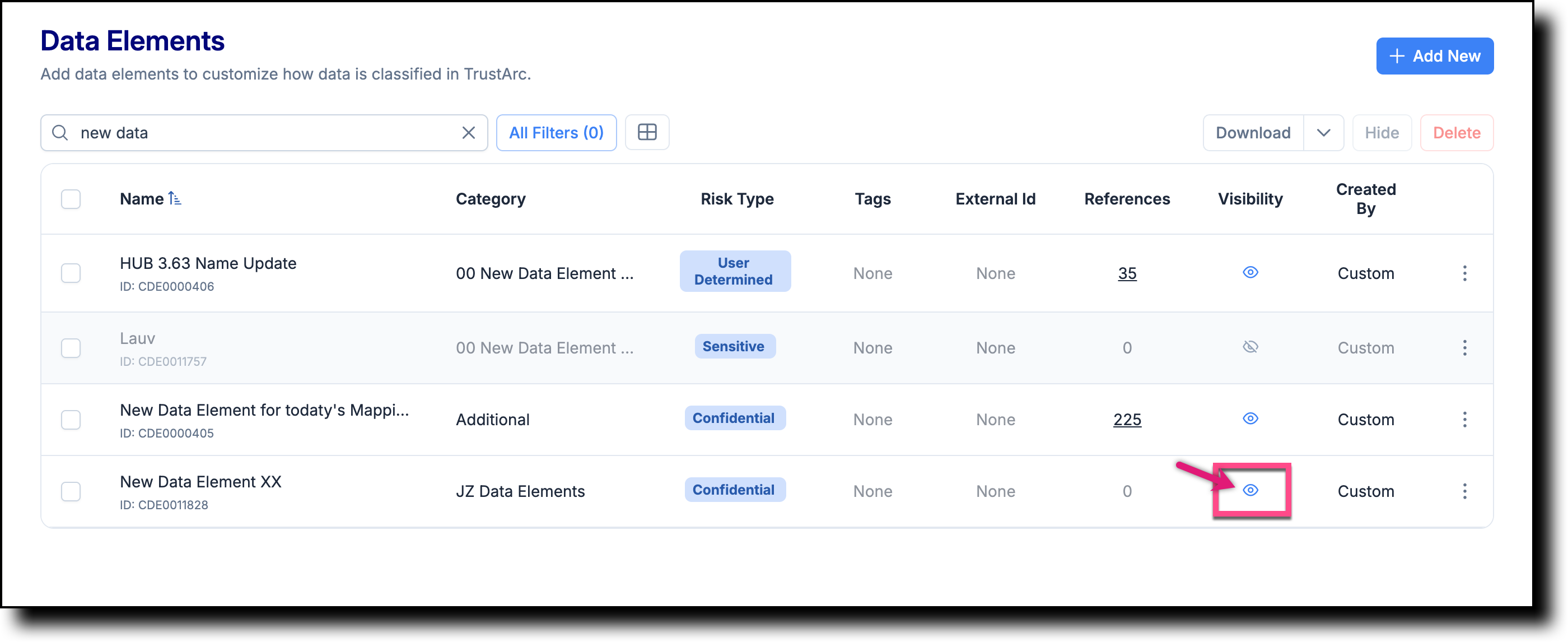 Data Elements list showing the Visibility icon in the Visibility column