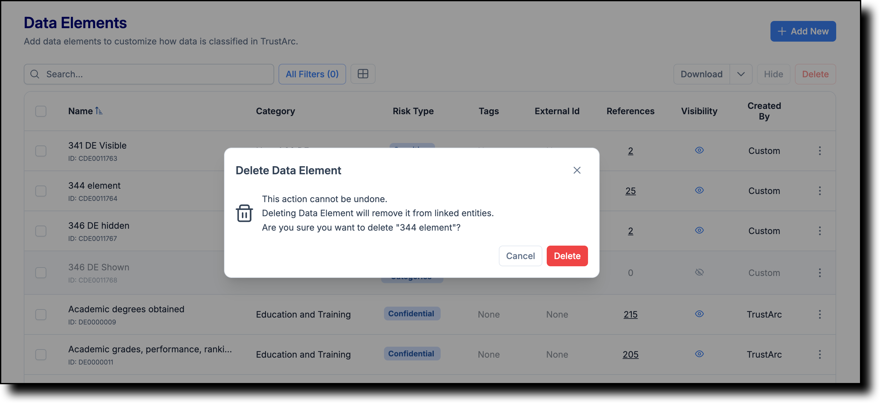 Delete confirmation dialog for a data element linked to business process or system records