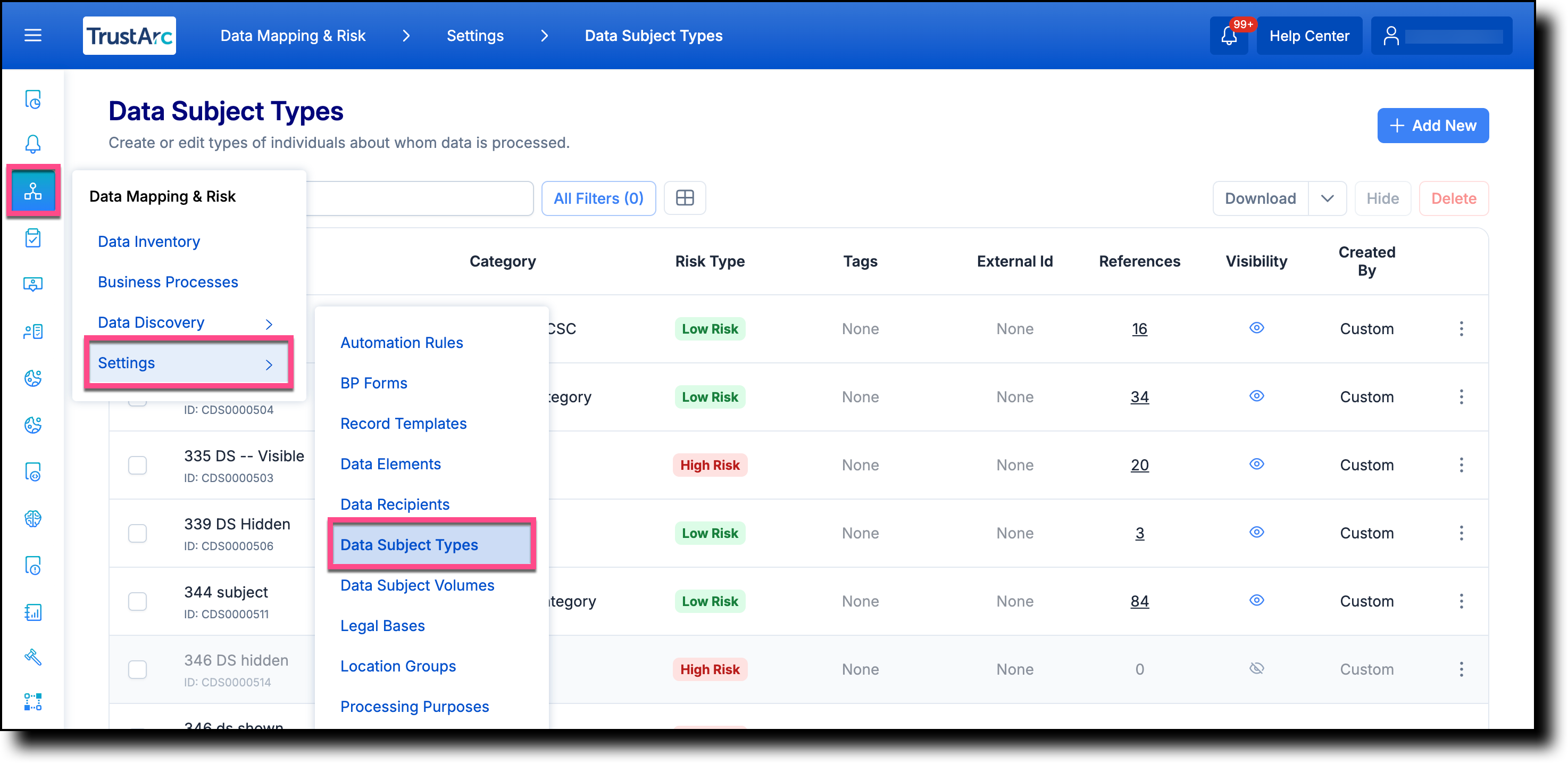 Data Mapping and Risk Manager left navigation panel with Settings menu expanded and Data Subject Types selected