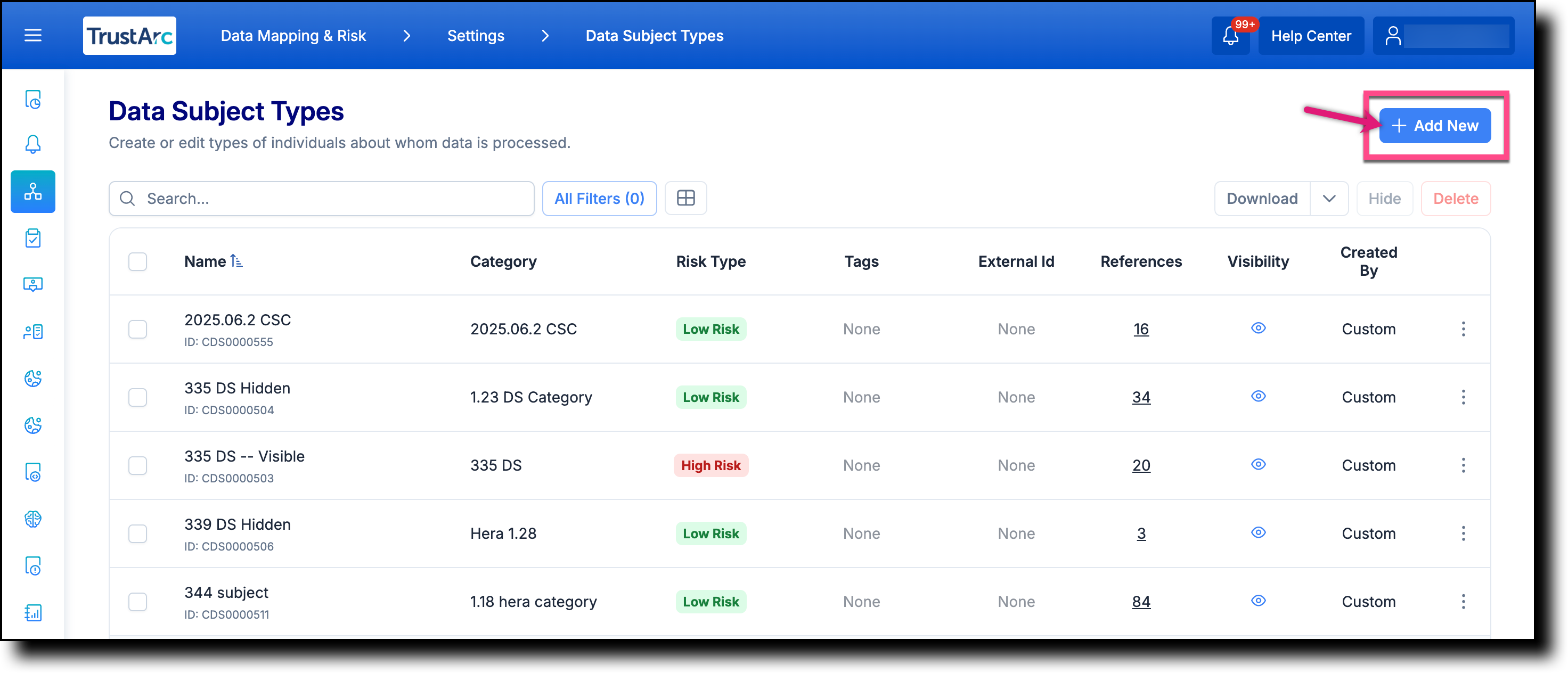 Add New data subject type form showing Name, Category, High Risk, and Visibility fields