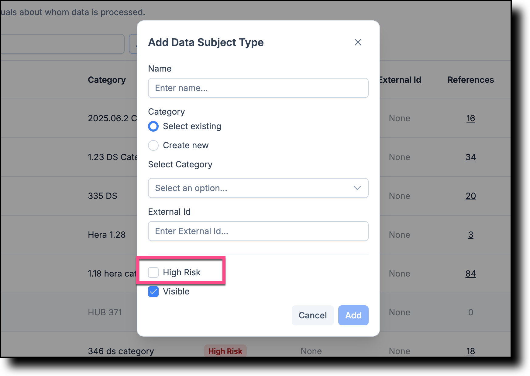 High Risk checkbox selected on the Add New data subject type form