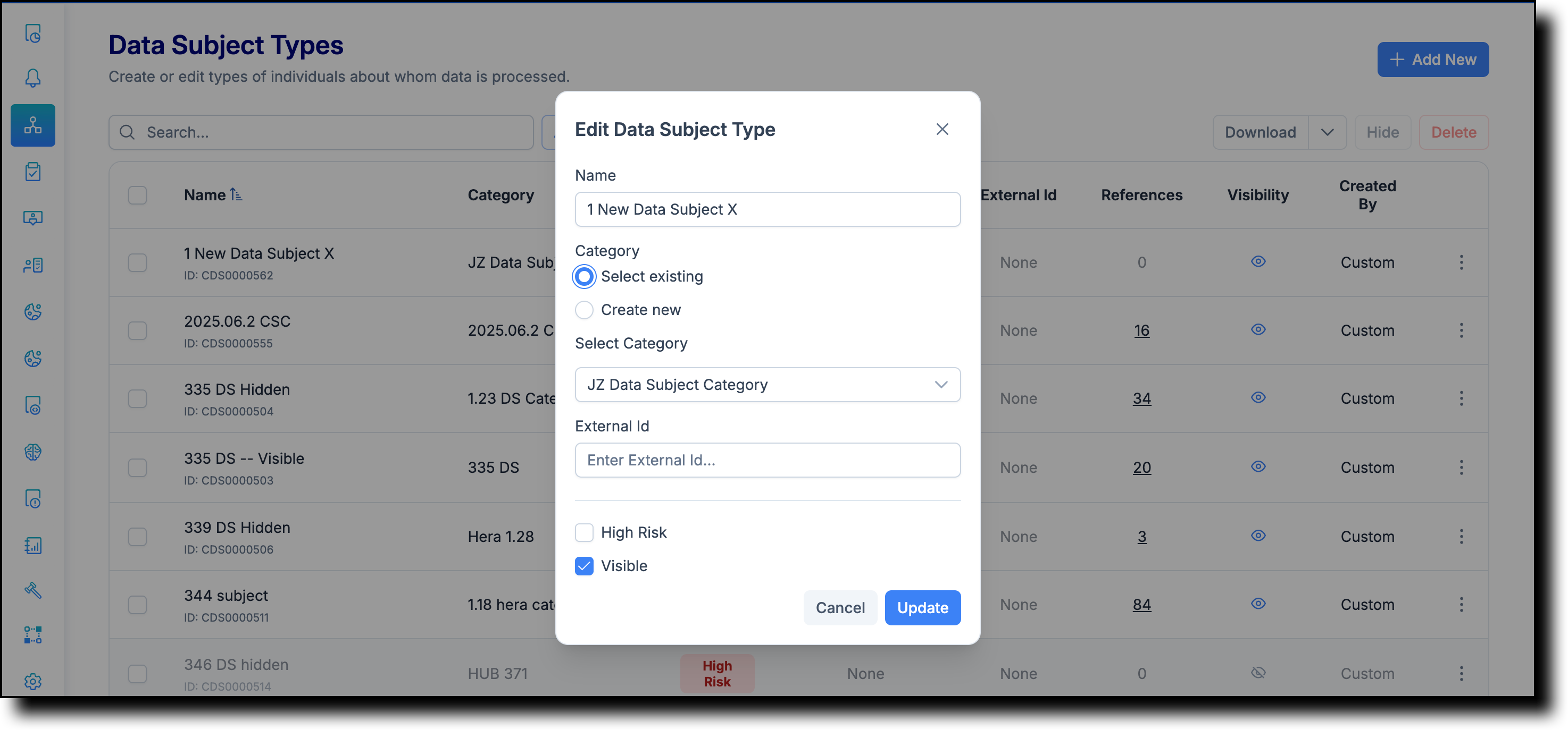Edit data subject type form showing Name, Category, and External ID fields