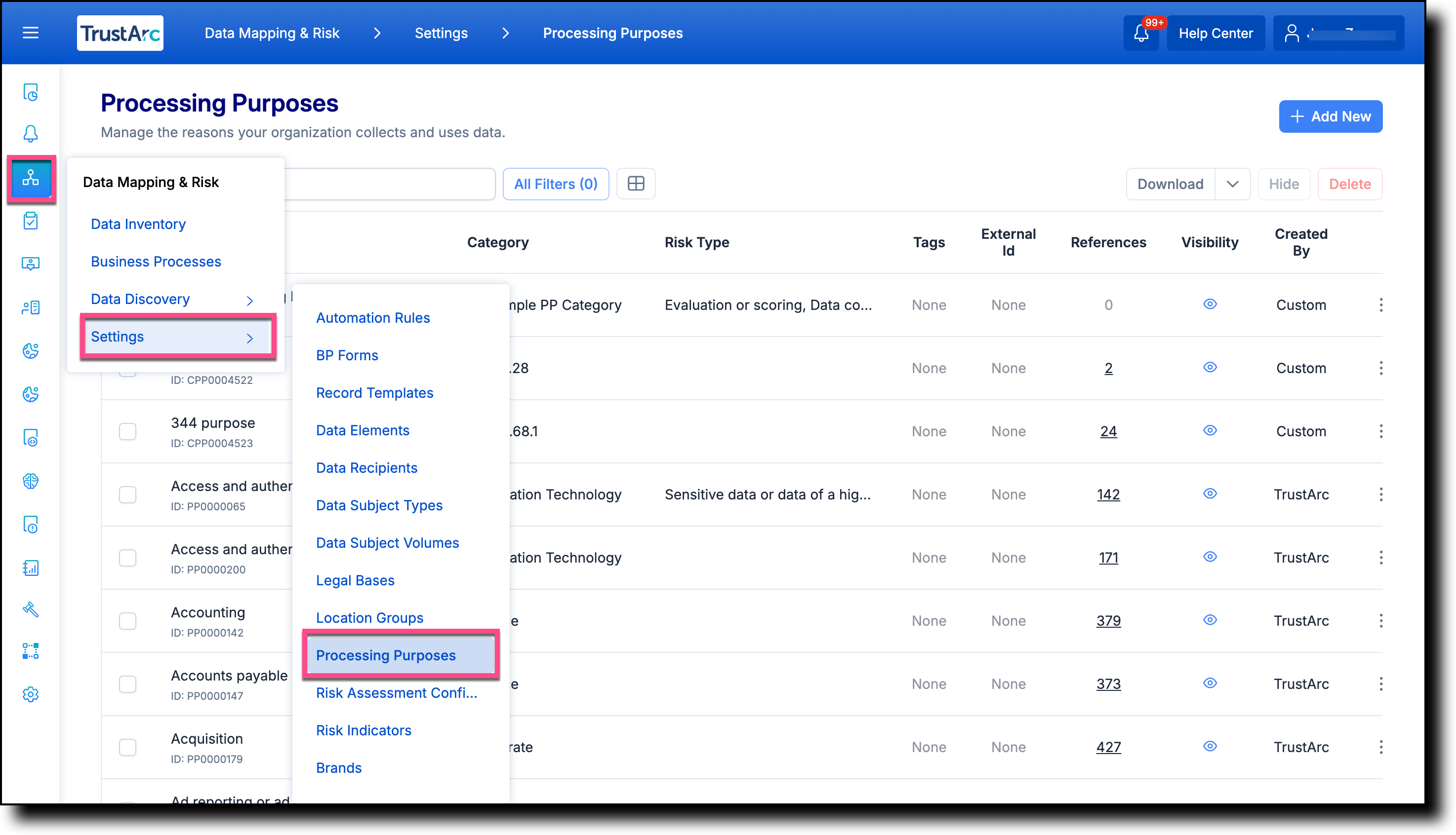 Data Mapping and Risk Manager left navigation panel with Settings menu expanded and Processing Purposes selected