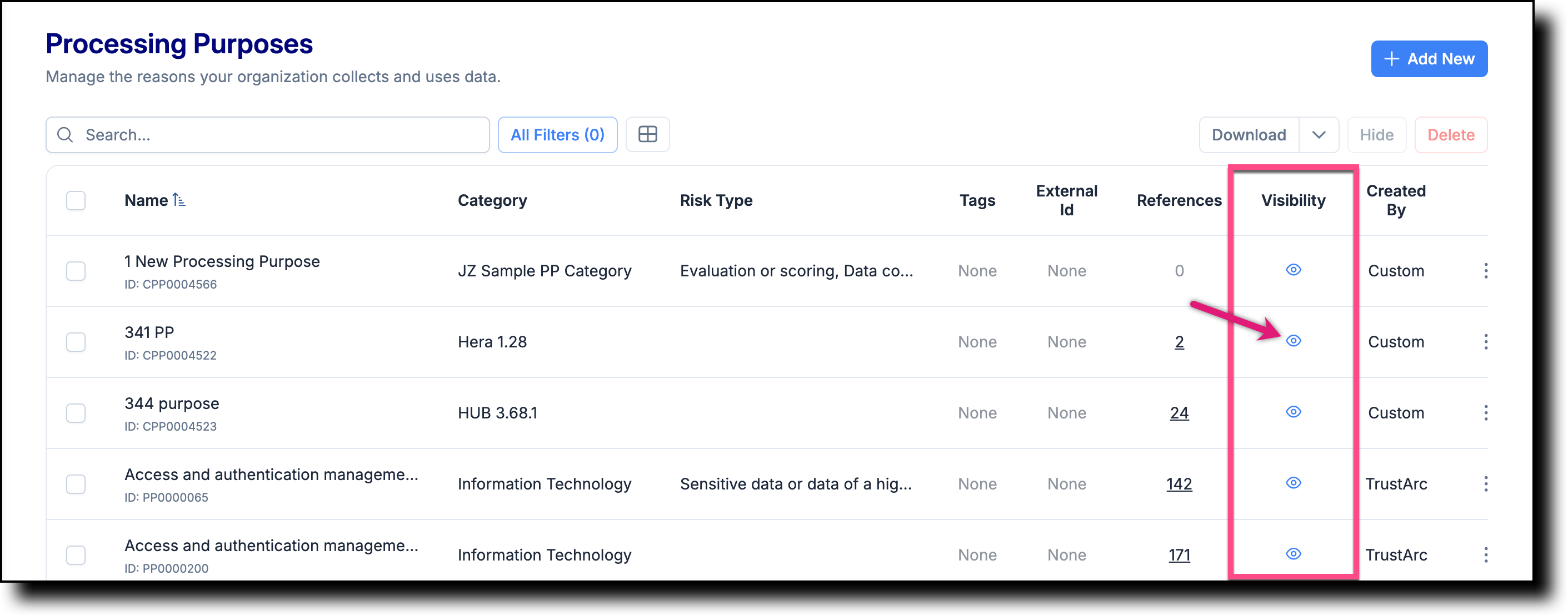 Processing Purposes list with the Visibility icon highlighted in the Visibility column