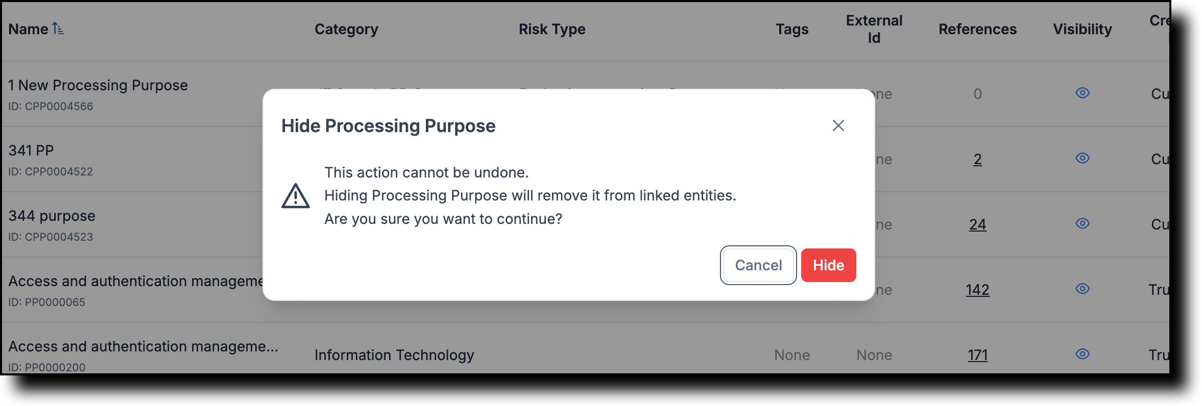 Hide confirmation dialog for a processing purpose linked to business process or system records