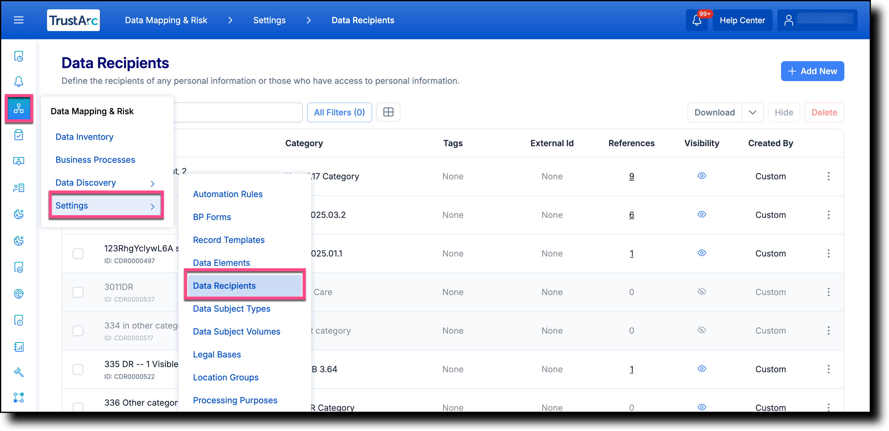 Data Mapping and Risk Manager left navigation panel with Settings menu expanded and Data Recipients selected