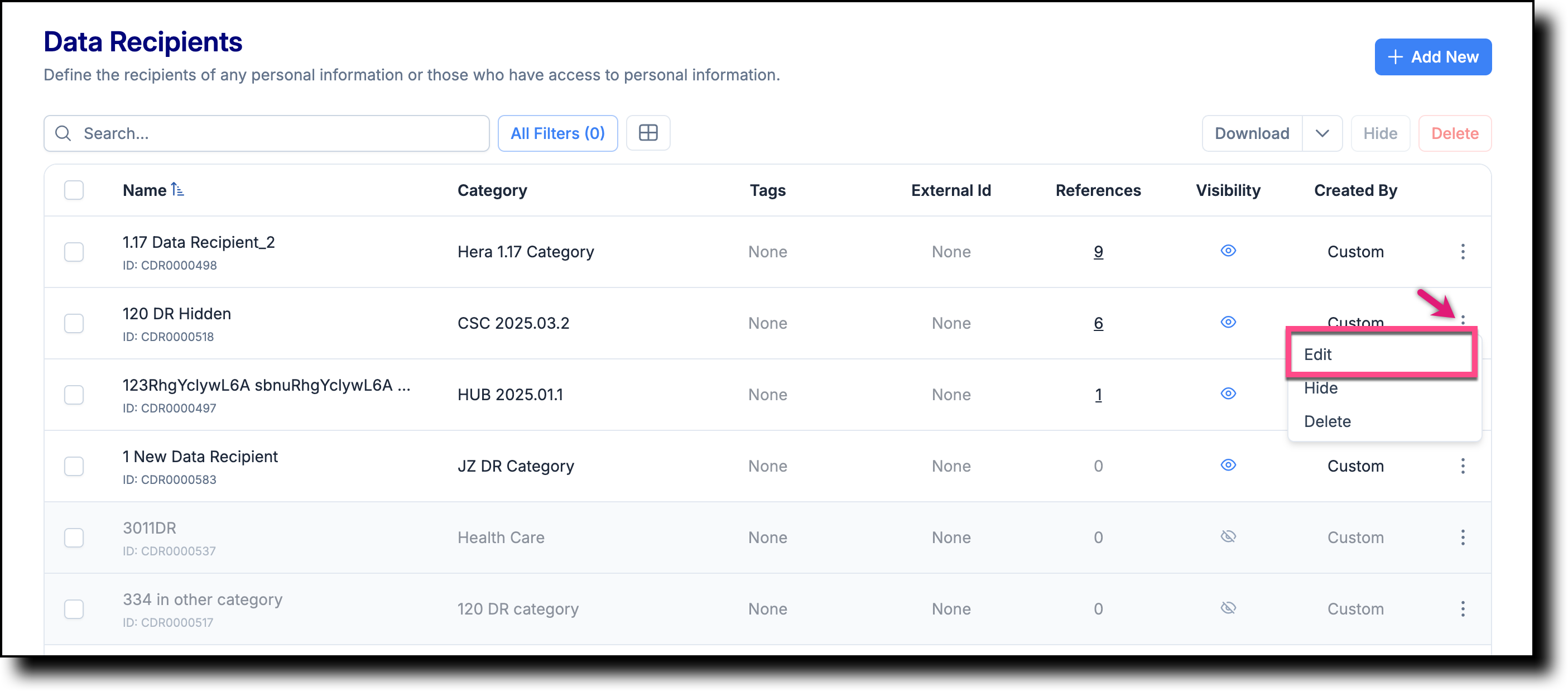 Data Recipients list with the context menu open and Edit option highlighted