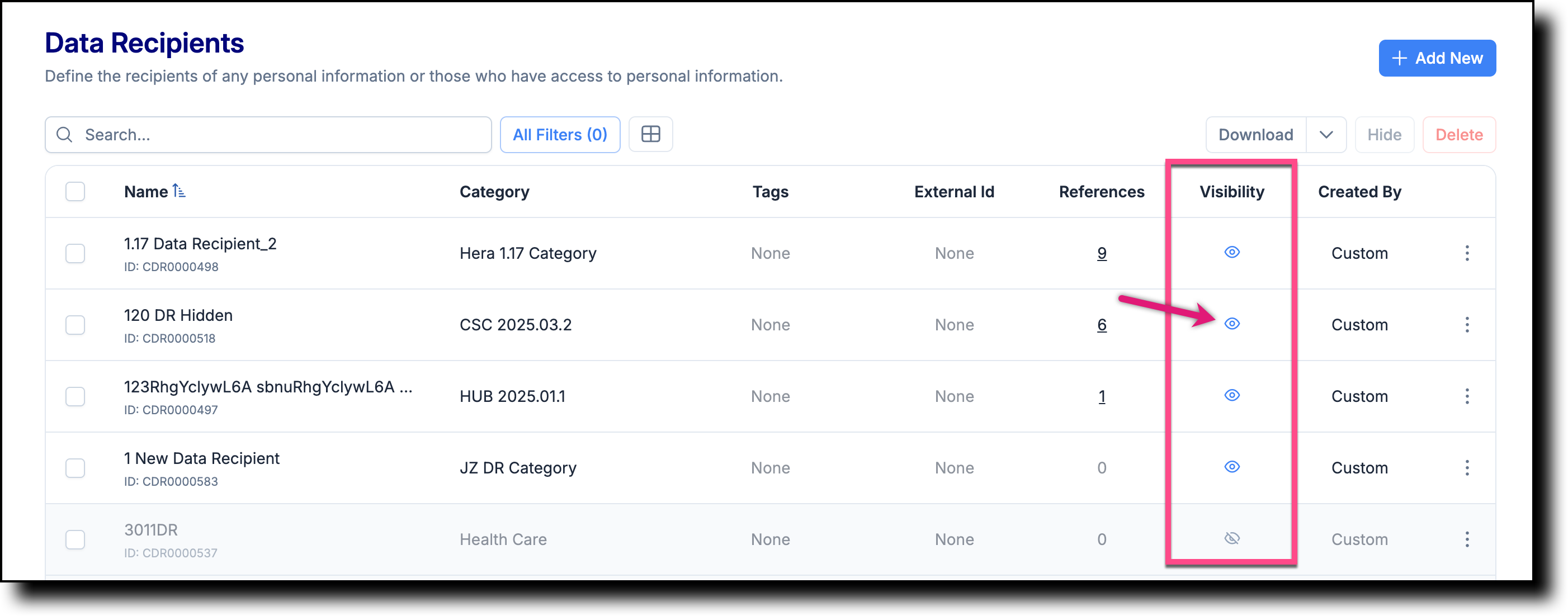 Data Recipients list with the Visibility icon highlighted in the Visibility column