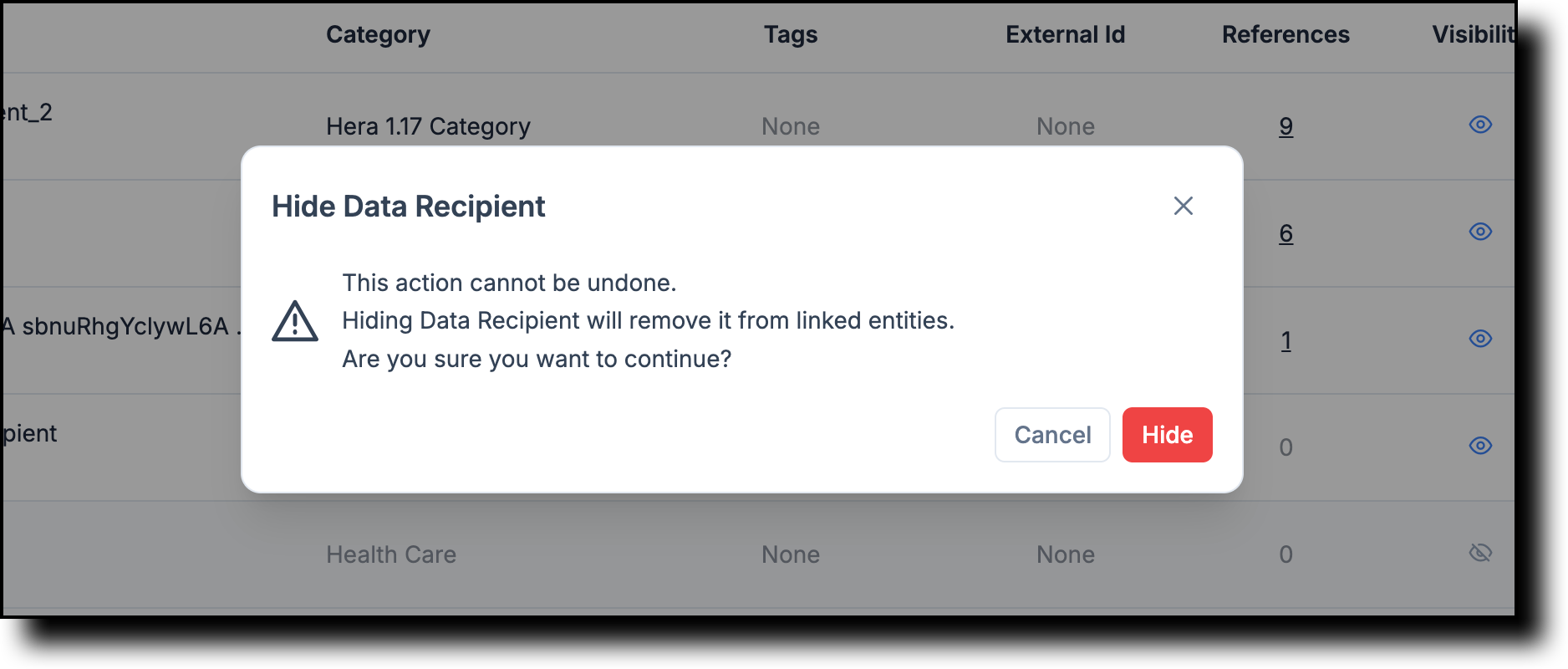 Hide confirmation dialog for a data recipient linked to business process or system records