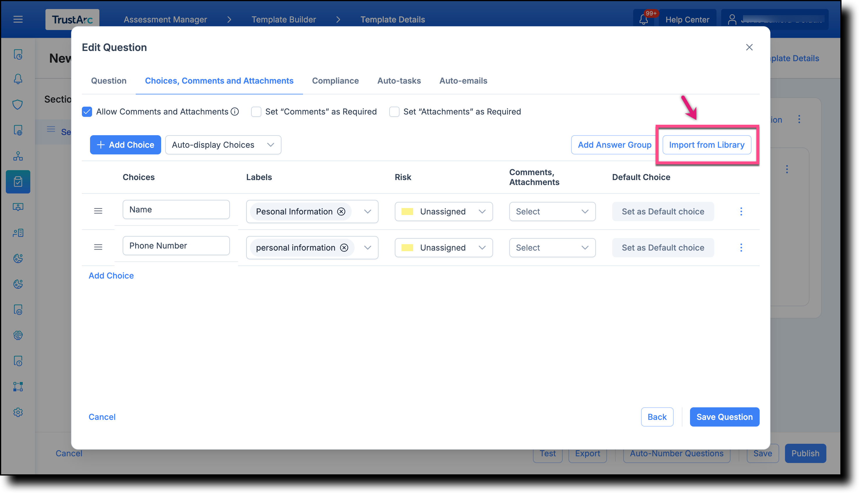 Import from Library button in the choices section