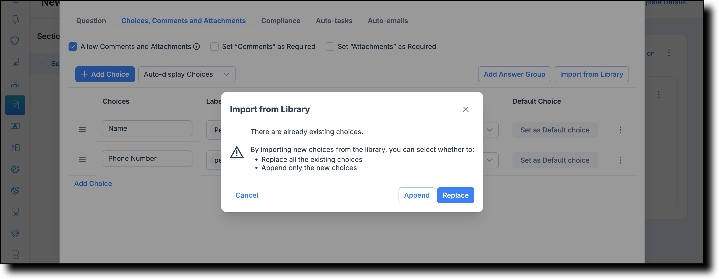 Replace and Append options for importing from library