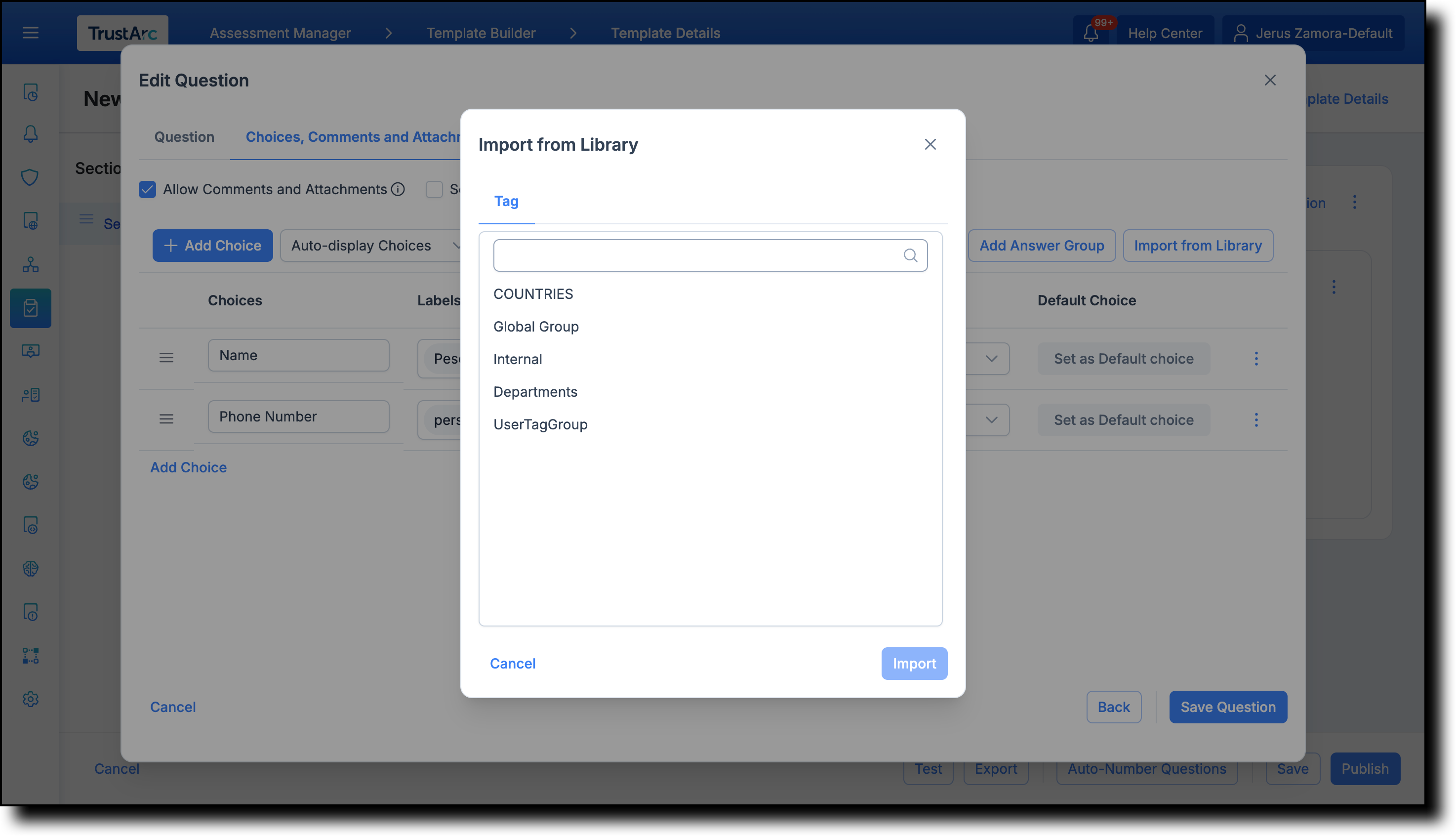 Import from Library modal showing available Tag Groups such as COUNTRIES and Departments
