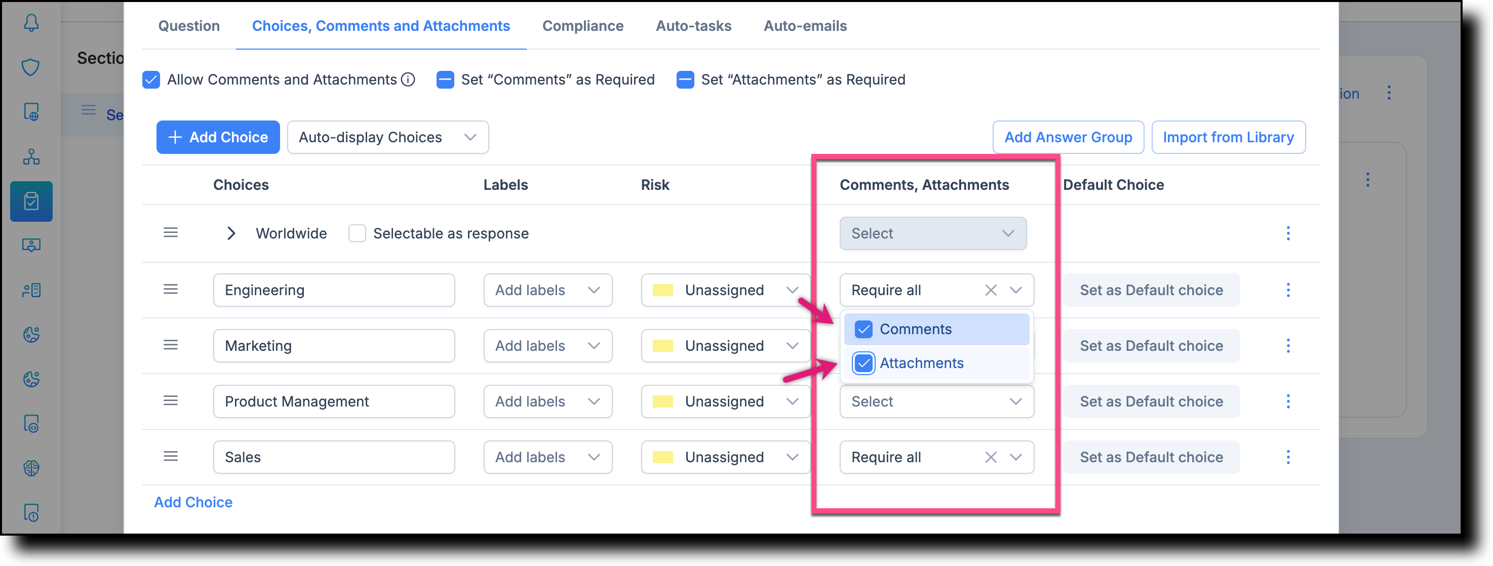 Comments and Attachments column showing checkboxes to set each as mandatory
