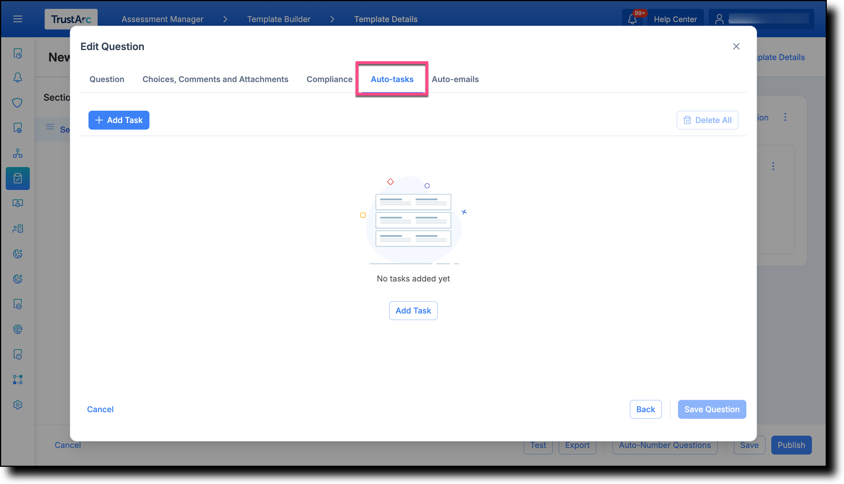 Edit Question page showing the Auto-tasks tab